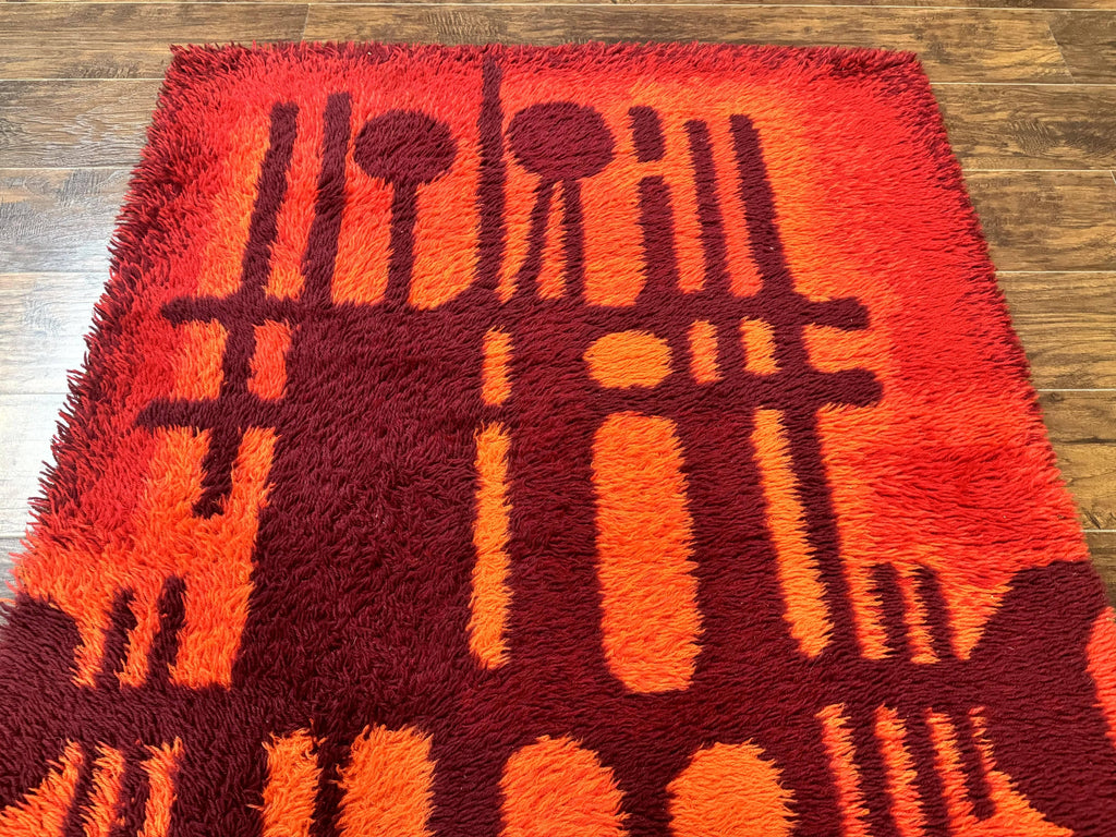 Danish Rya Shag Rug 4x6, Red Vintage Mid Century Retro Abstract Shag Rug
