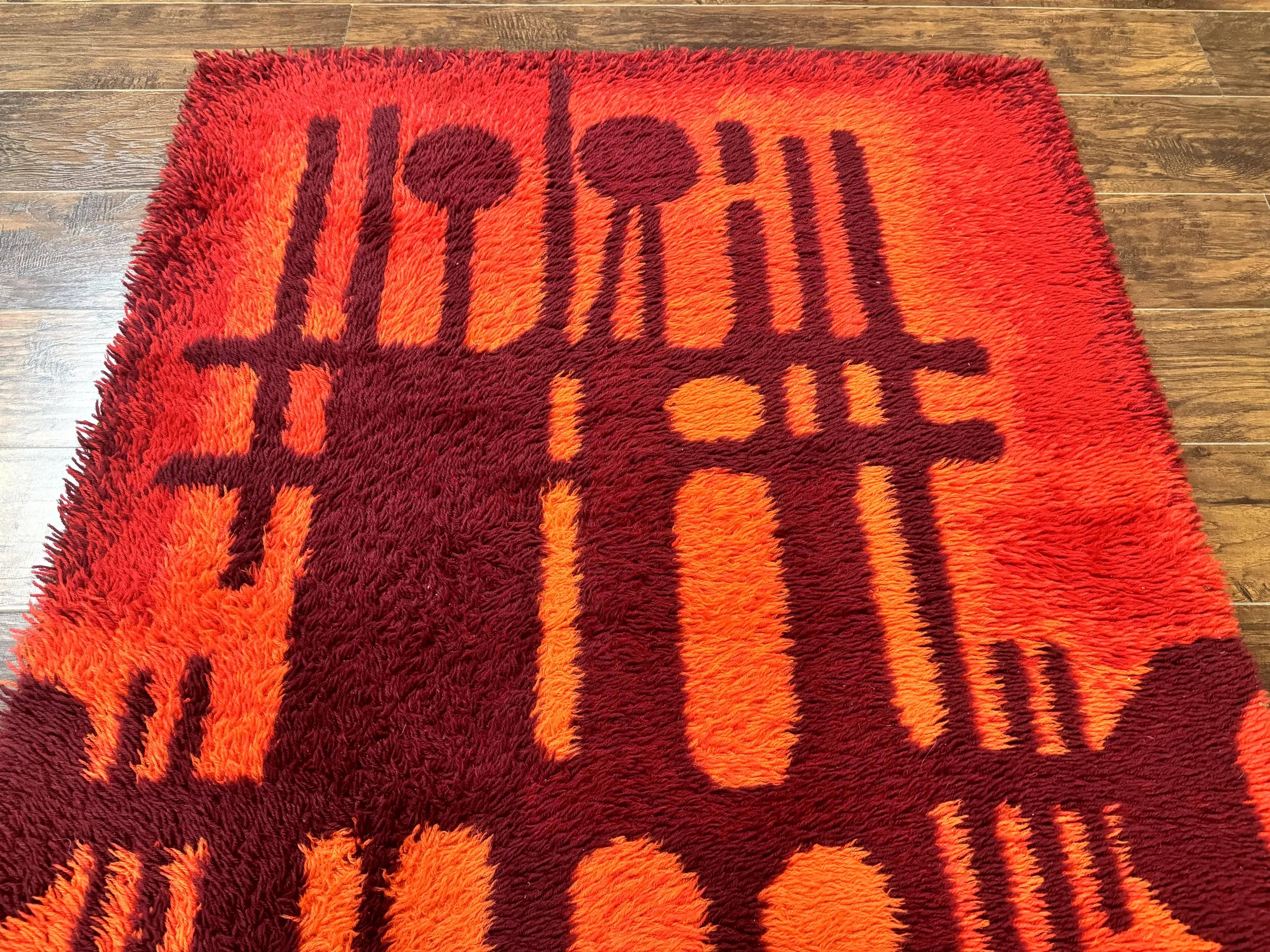 Danish Rya Shag Rug 4x6, Red Vintage Mid Century Retro Abstract Shag Rug