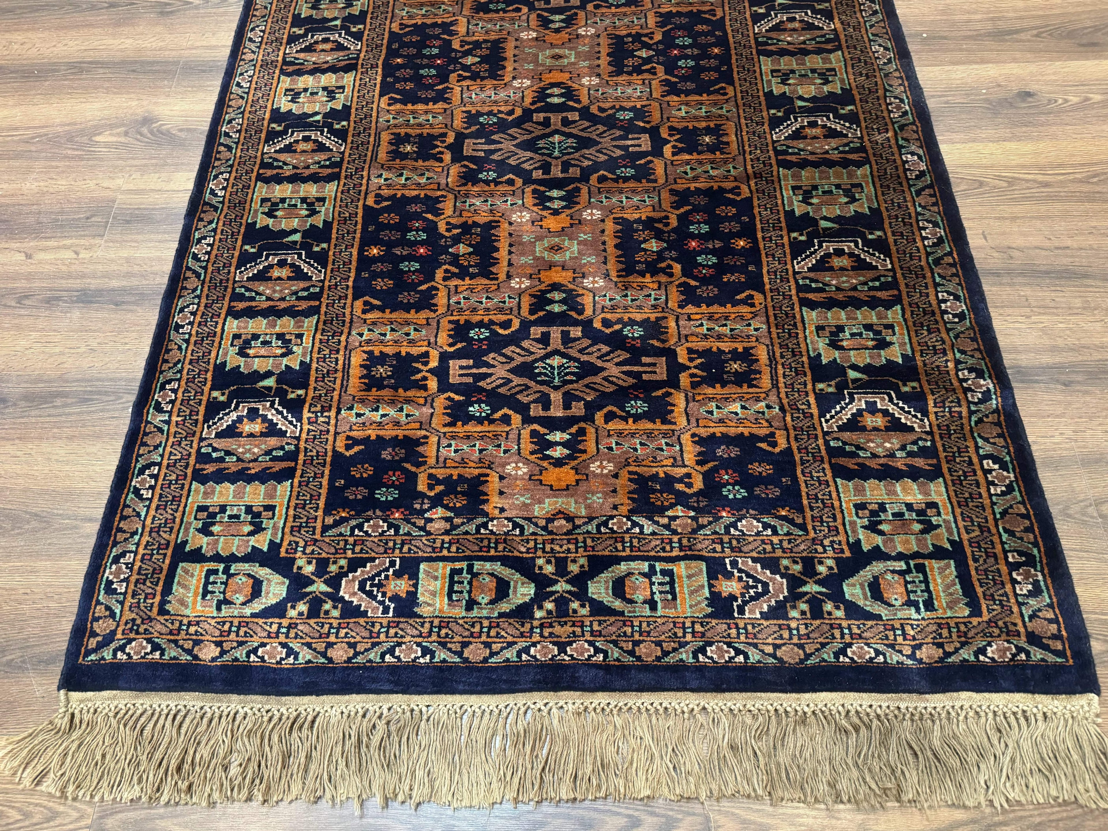 Vintage Afghan Rug 4x6, Navy Blue and Light Brown, Geometric Medallions, Wool on Wool, Tribal Rug