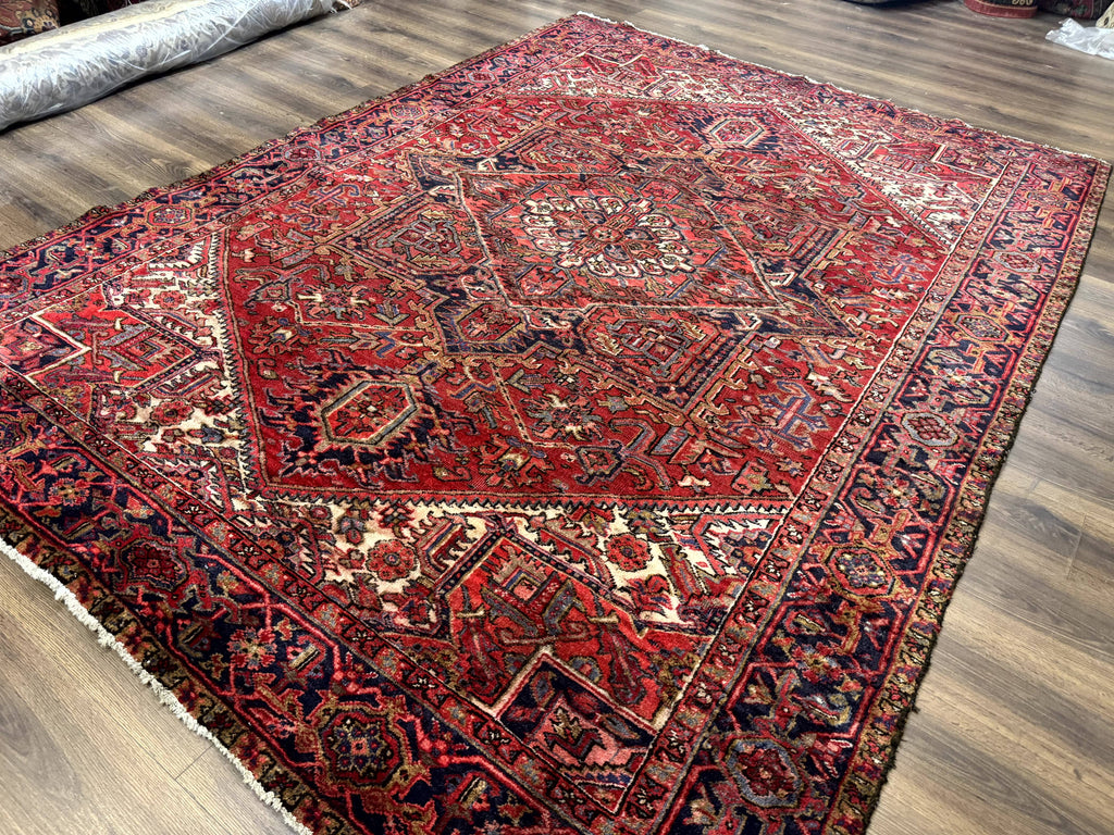 Persian Heriz Rug 7x10, Geometric Pattern, Red Ivory Navy Blue