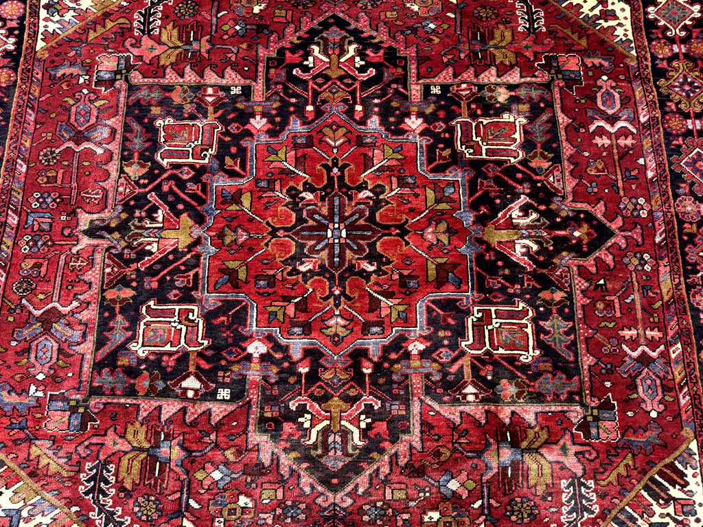 Persian Heriz Rug 8x11, Geometric Design, Red & Cream