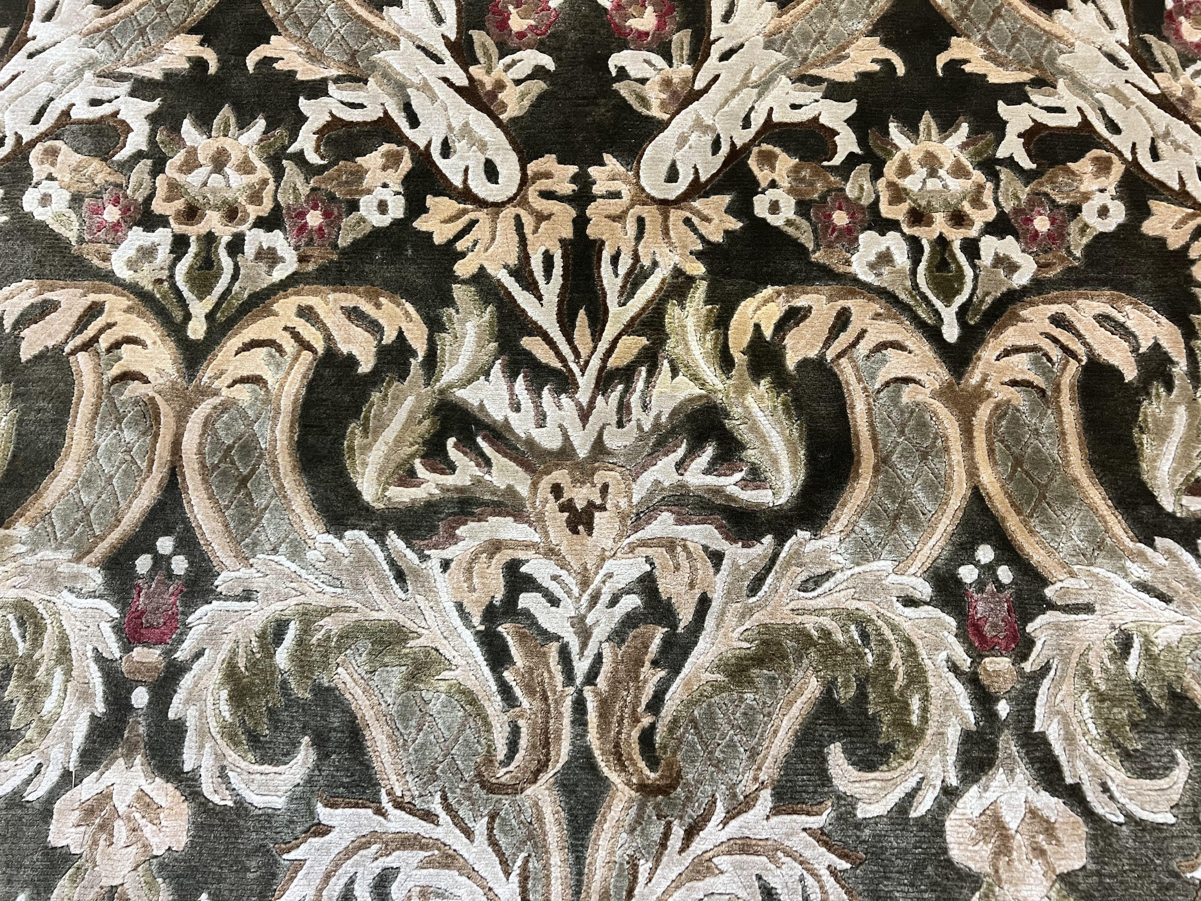 Tibetan Rug 8x10, European Design, Floral, Green, Handmade, Wool, Nepali Rug