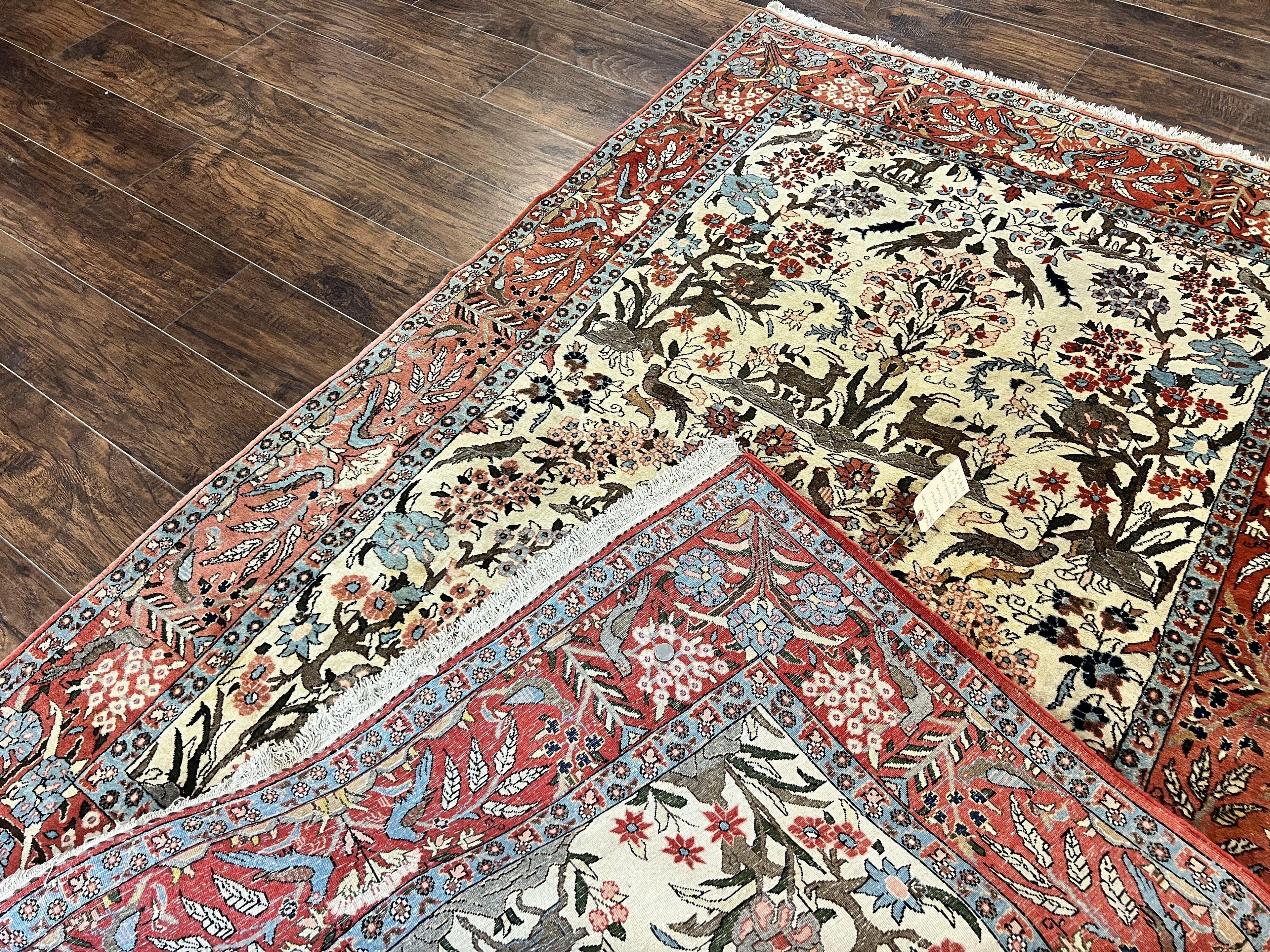 Persian Tree of Life 5x7, Qum Rug, Animal Motifs, Deer Birds, Fine 225 KPSI, Semi Antique Wool Rug, Cream Red