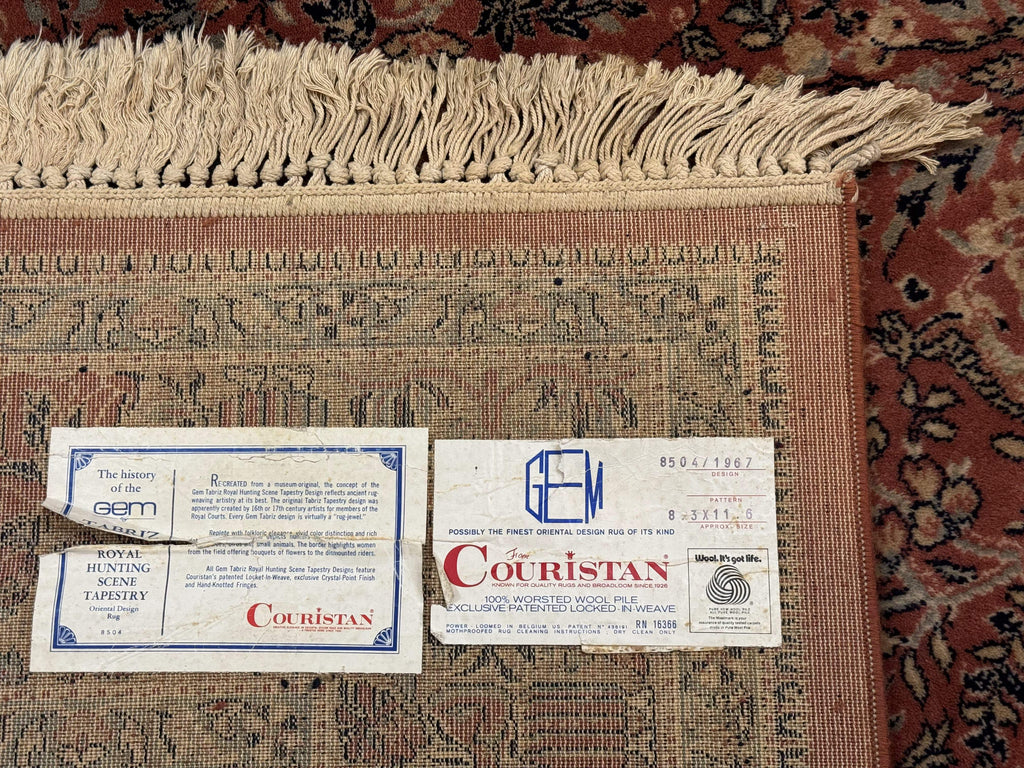 Persian Area Rug 8 x 11.6, Wool, Royal Hunting Scene, Vintage Couristan Rug, Red, Allover Pattern, Belgium Power Loomed
