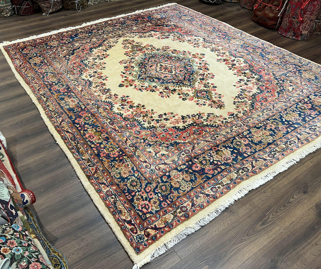 Persian Rug 9x10, Hamadan Rug, Antique Oriental Carpet, Wool Rug, Semi Open Field, Cream and Navy Blue, Kirman Design Hand Knotted Almost Square Rug