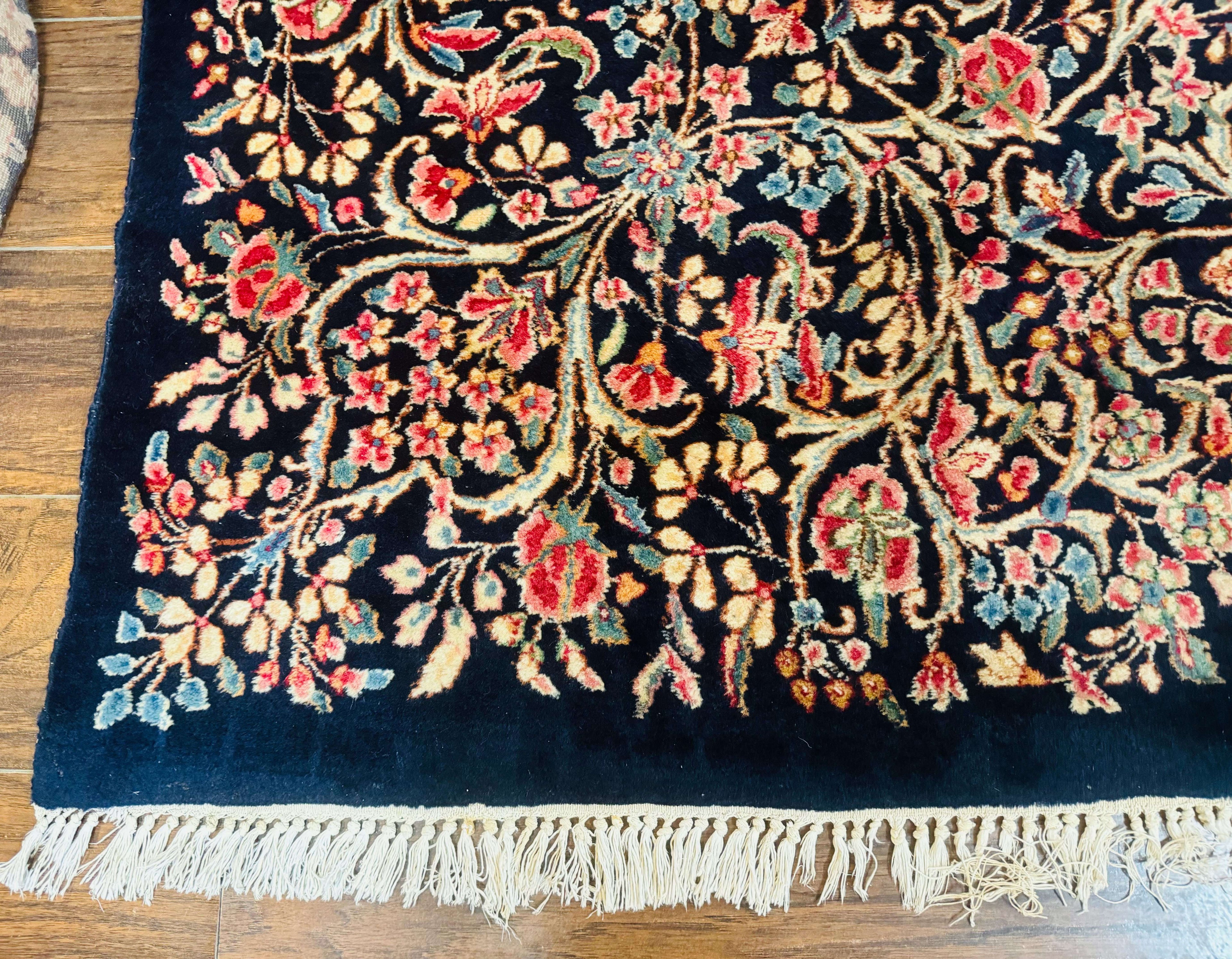 Antique Persian Kerman Rug 10x13, Navy Blue Floral Carpet, Fine 270 KPSI