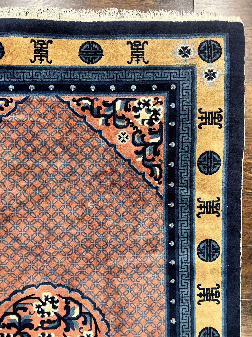 Chinese Peking Rug 5x8, Vintage Semi Antique Chinese Art Deco Carpet, Wool Pile Light Red/Salmon Gold Navy Blue, Handmade Asian Oriental Rug