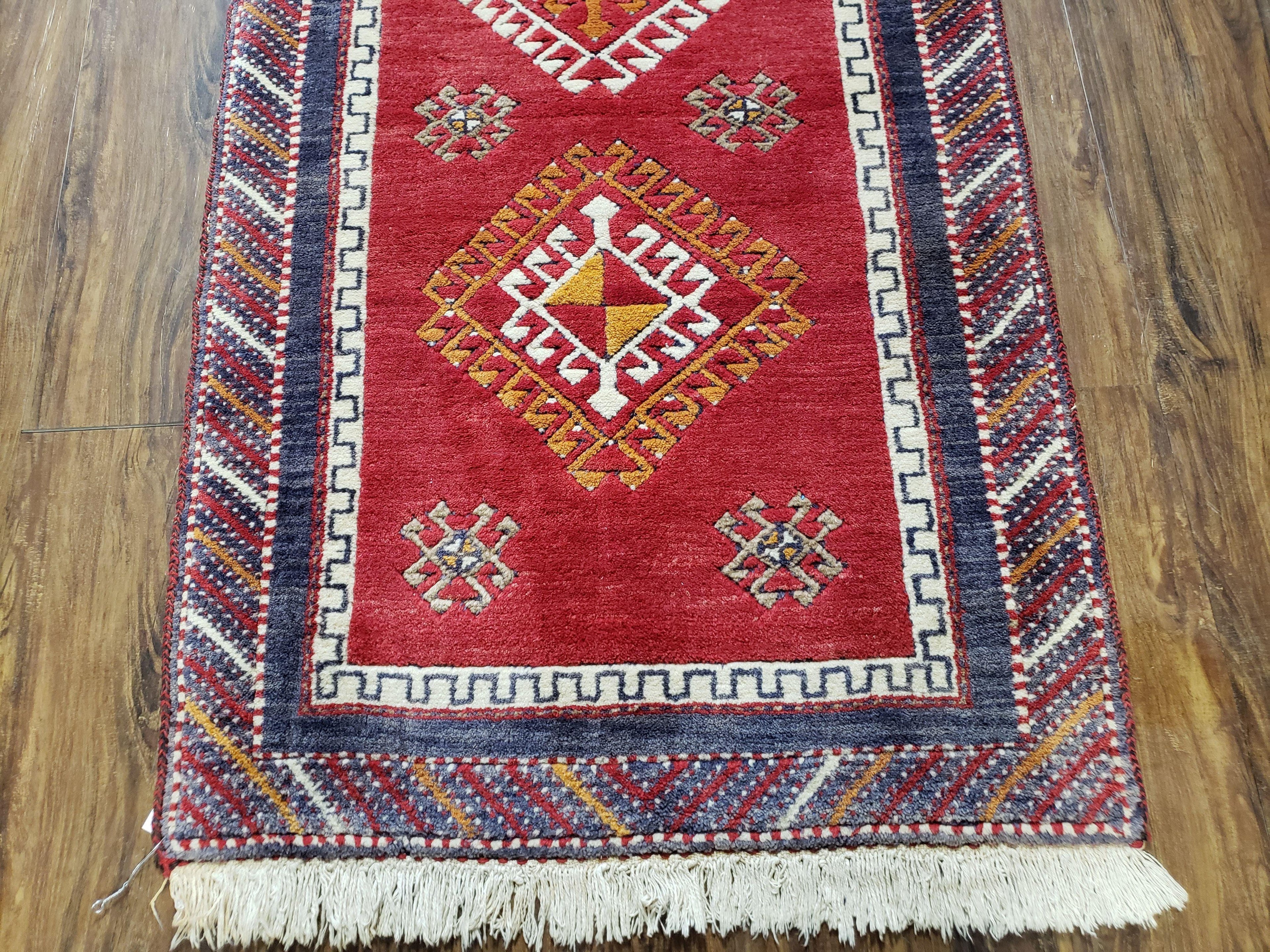 Vintage Turkish Kazak Rug 2.5 x 5 Red Wool Carpet Medallions Runner Geometric