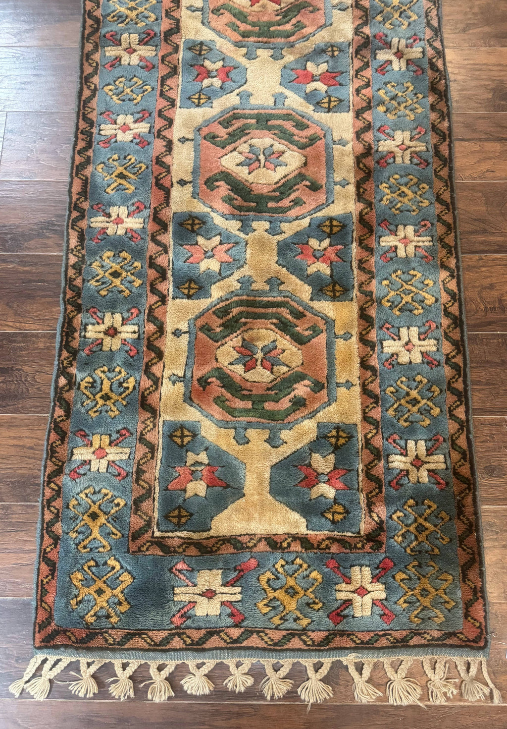 Turkish Kazak Runner Rug 3x11, Cream and Light Blue, Vintage