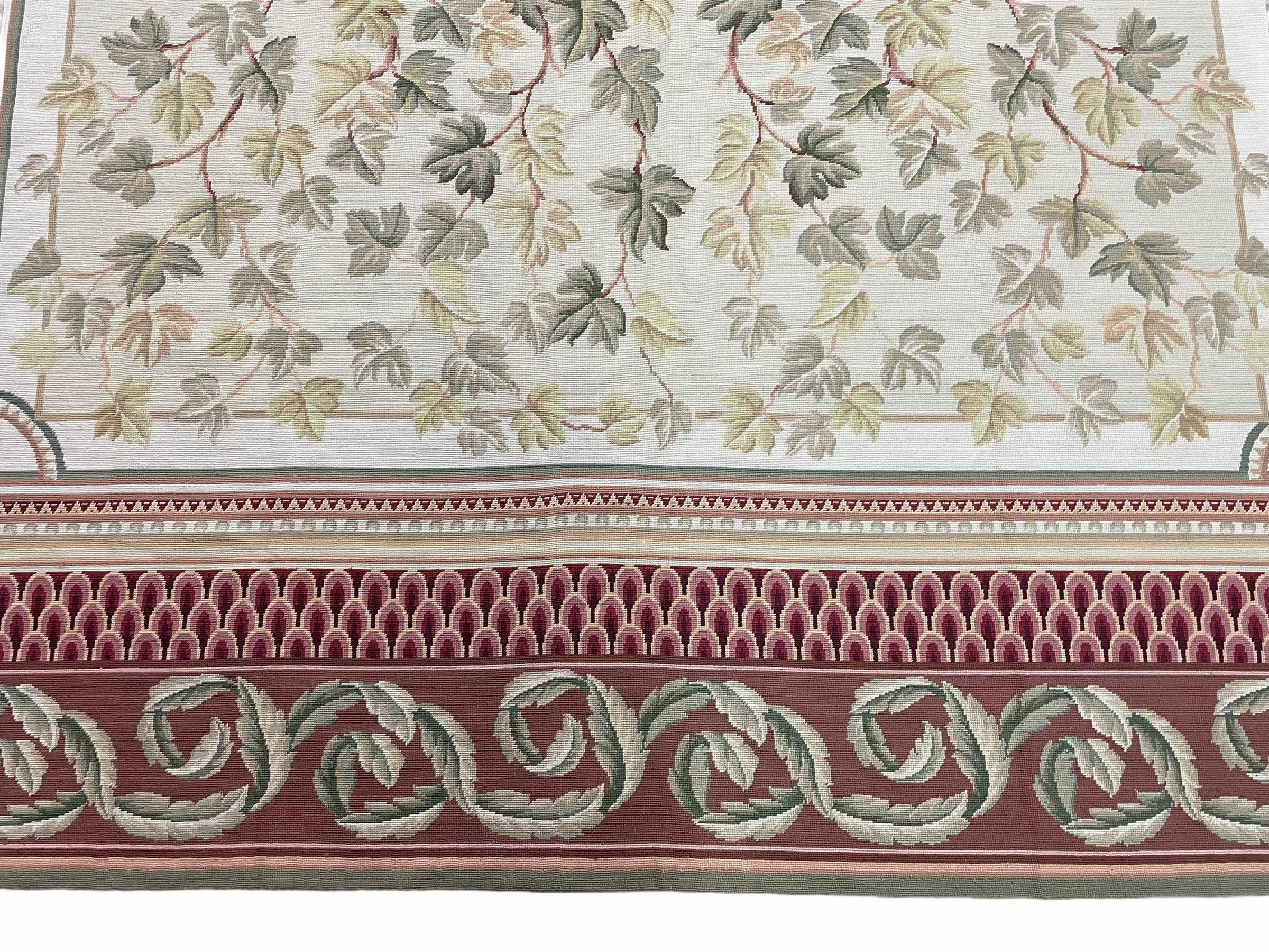 Aubusson Needlepoint Rug 9x12, Flatweave Carpet, Leaves, Wool, New, Handmade