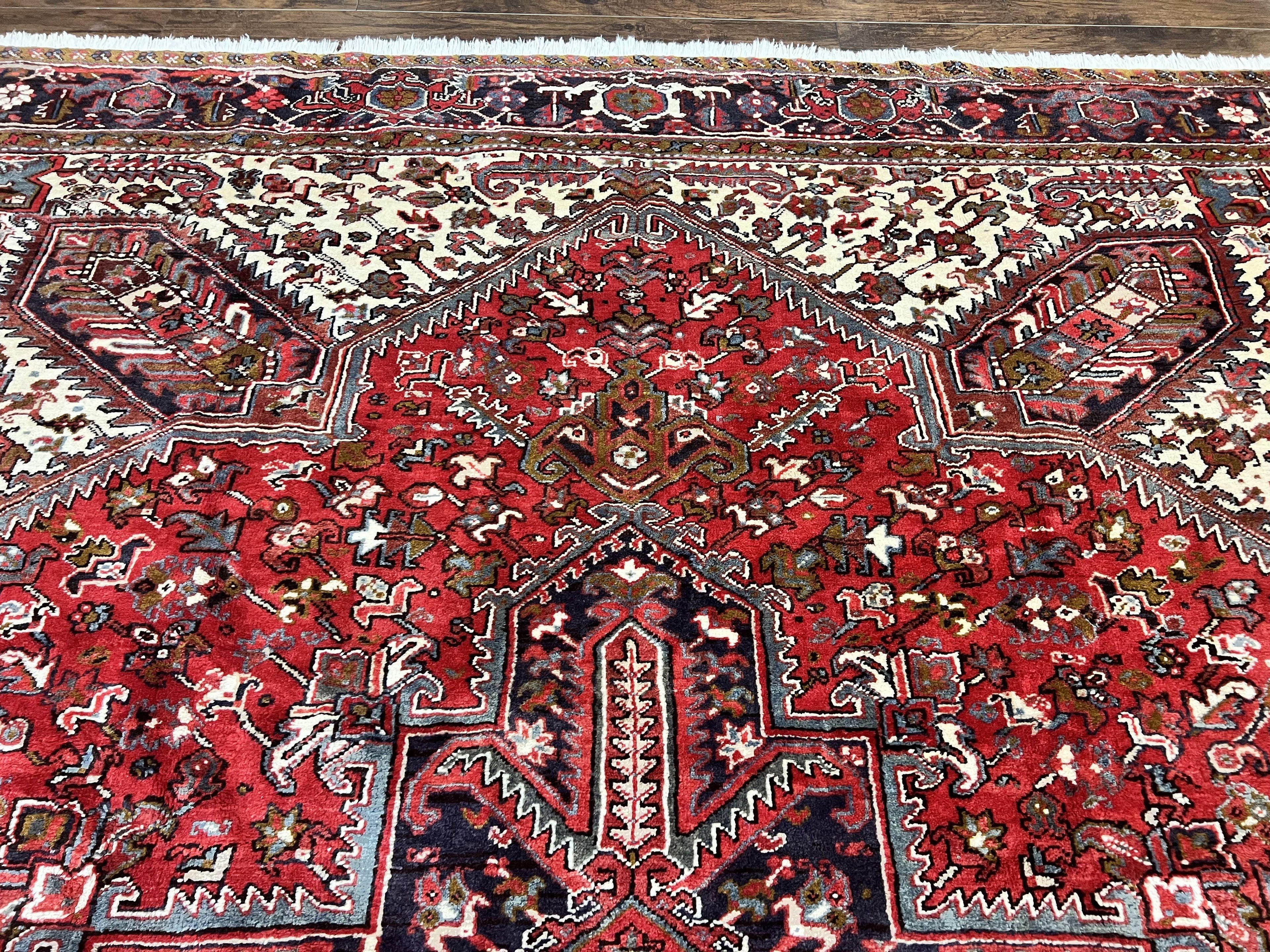 Large Persian Heriz Rug 10x13, Wool Hand Knotted Antique Carpet, Red and Ivory, Geometric Tribal Room Sized Rug, Decorative Oriental Rug