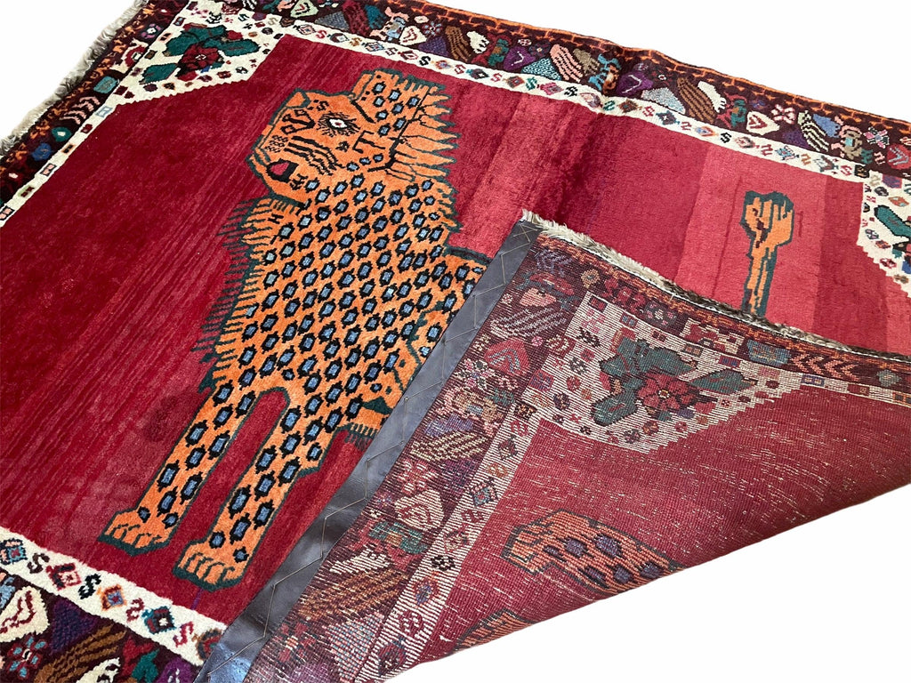Antique Persian Gabbeh Wool Rug 4x5, Lion Pictorial Rug, Red Orange Black, Hand Knotted Handmade Vintage Gabbeh Carpet 4 x 5 ft, Tribal Rug