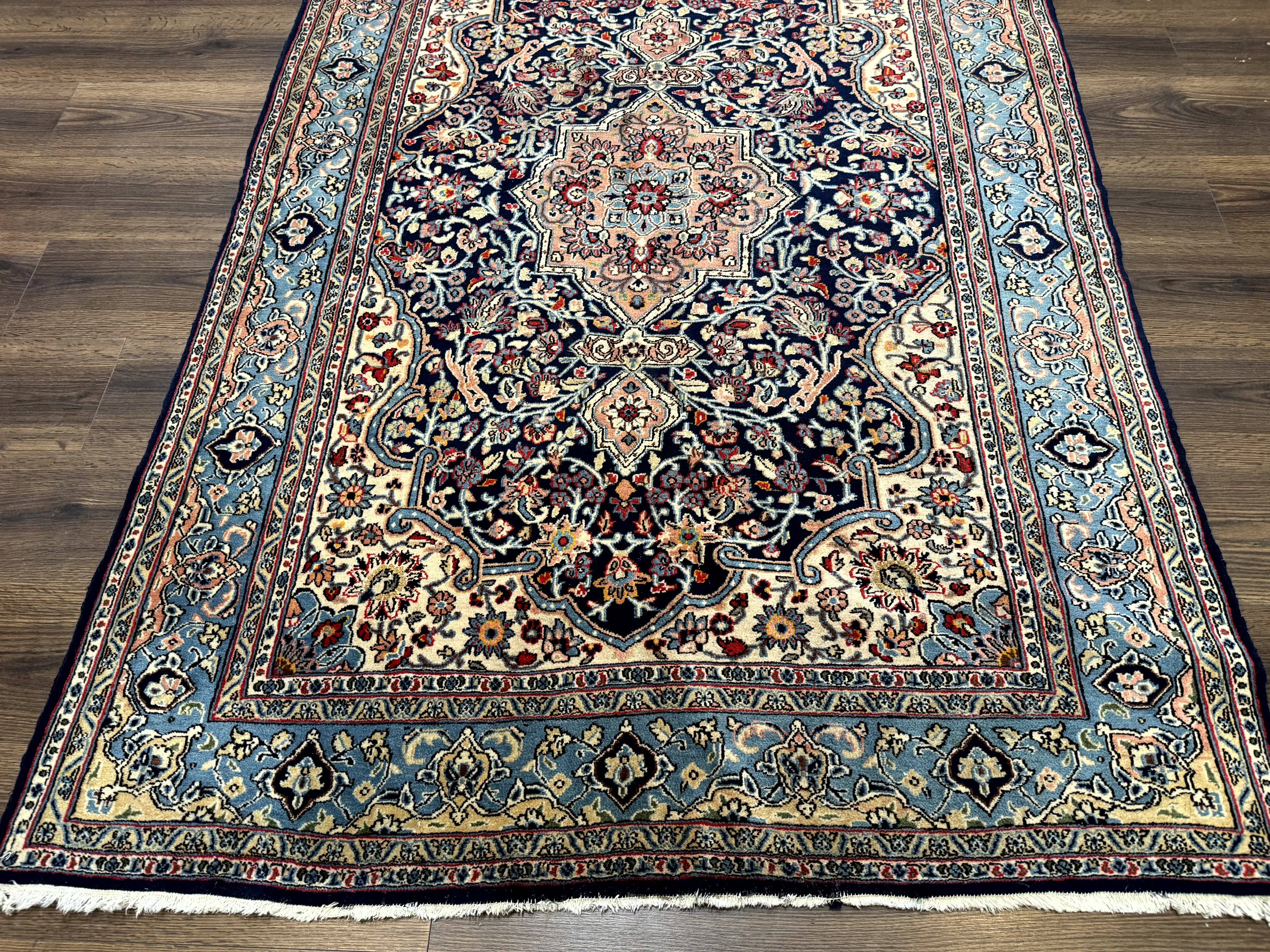 Persian Qum Rug 5x7 in Navy Light Blue and Ivory, Wool wilh Silk Highlights, 225 KPSI