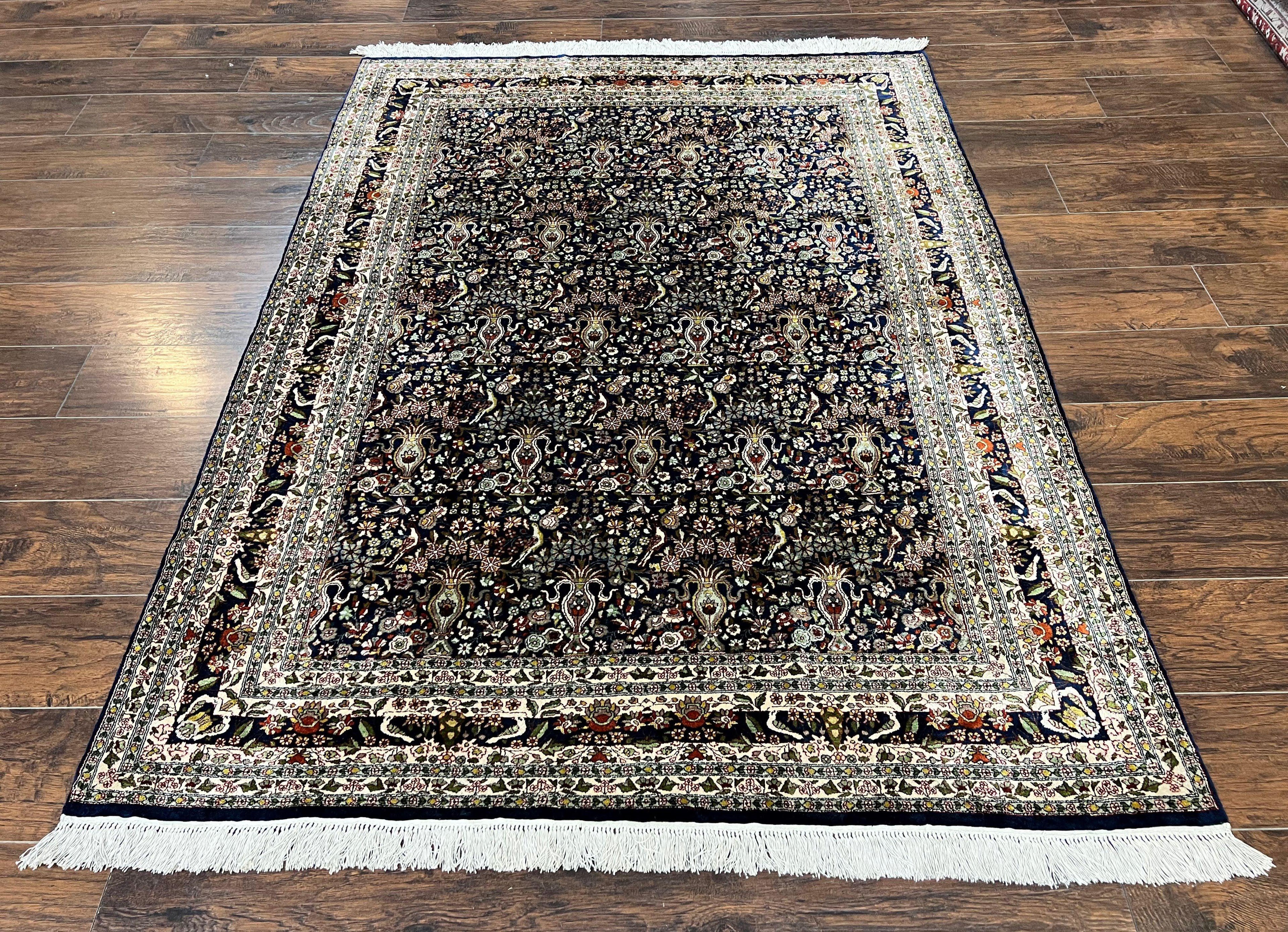 Silk Indian Kashmiri Rug 5x7, Navy Blue Indo Persian Silk Carpet 5 x 7 ft, Hand Knotted Handmade Very Fine Oriental Carpet, 450 KPSI, Birds