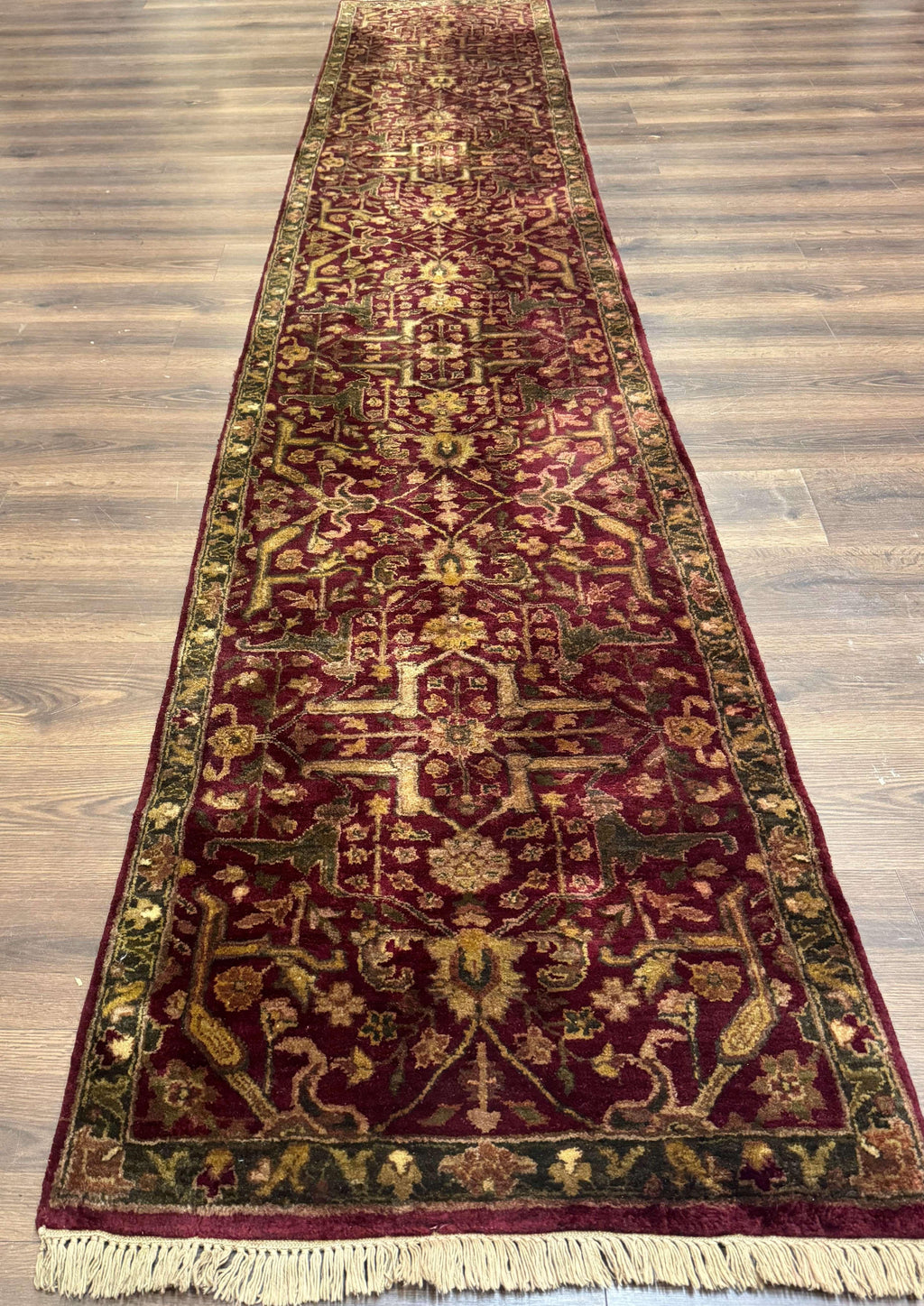 Indo Persian Runner Rug 2.7 x 13.8, Maroon, Wool, Handmade Indian Rug for Hallway