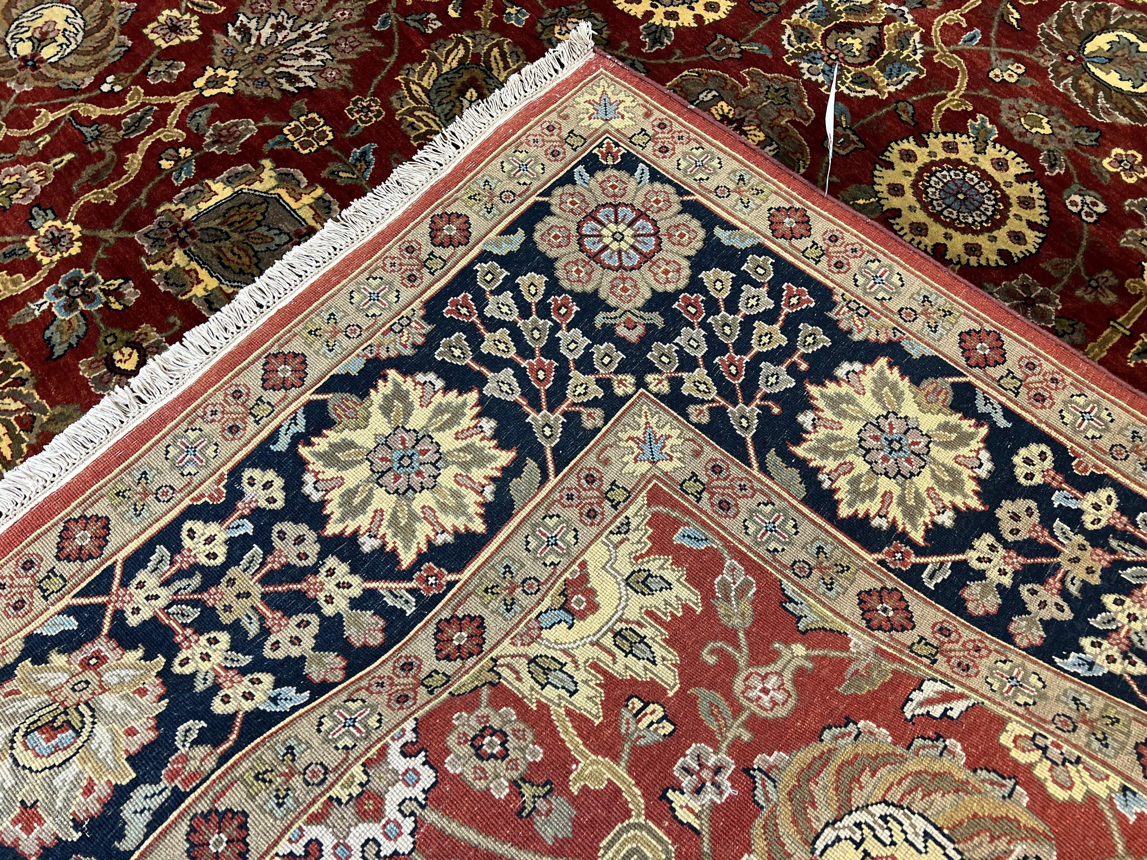 Indo Persian Rug 9x12, Hand Knotted Traditional Indian Wool Oriental Carpet 9 x 12 ft, Maroon and Navy Blue, Floral Allover 9x12 Vintage Rug
