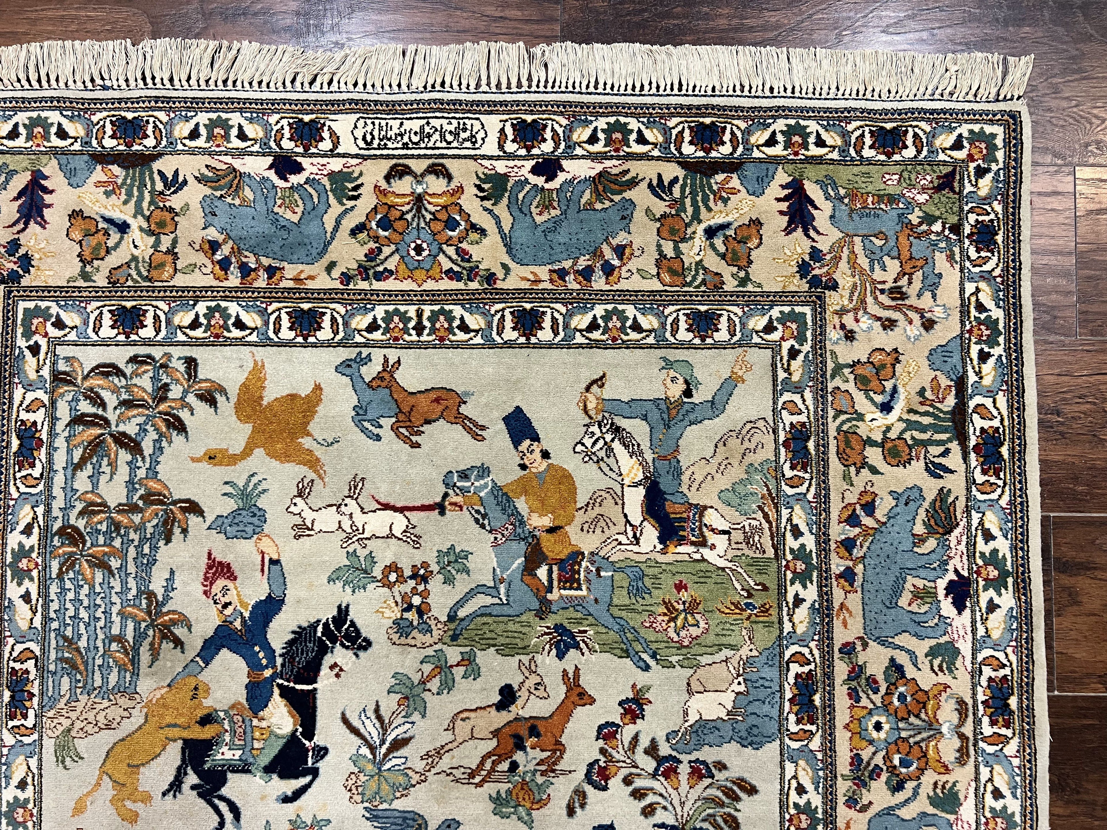 Persian Kashan Pictorial Rug 4.6 x 7, Hunting Scene, Signed by Masterweaver, Animal Pictorials, Rare, Handmade, Wool, Vintage, Very Fine