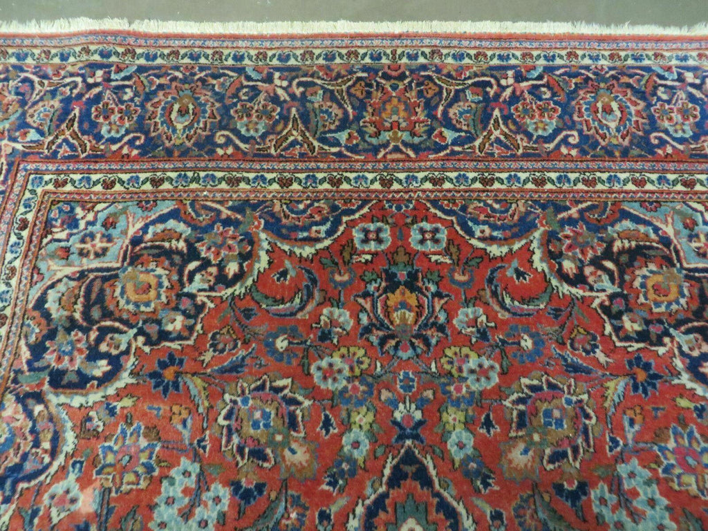 Persian Kashan Rug 4x7, Red and Navy Blue Semi Antique Vintage Wool Oriental Carpet, Hand Knotted Rug, Floral Medallion, High Quality Fine Carpet