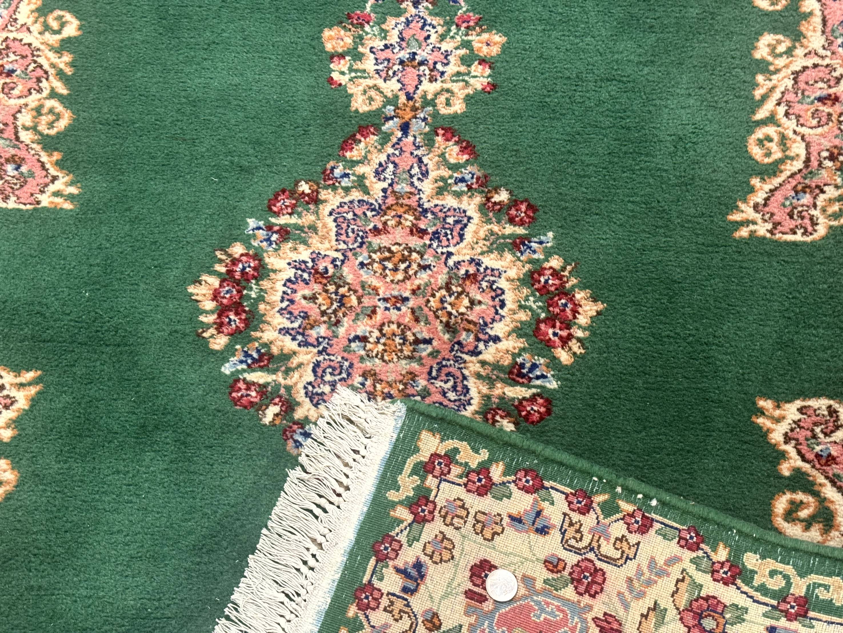 Green Persian Kerman Rug 4x6, Semi Open Field, Green & Cream, Vintage