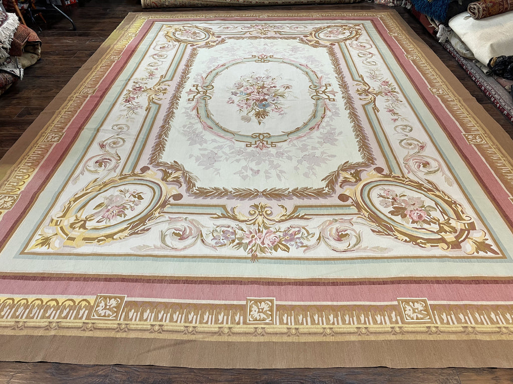Large Aubusson Rug 11x15, Oversized Gallery Palace Size Flatweave Savonnerie Carpet 11 x 15 ft, Wool Handmade Vintage Elegant European