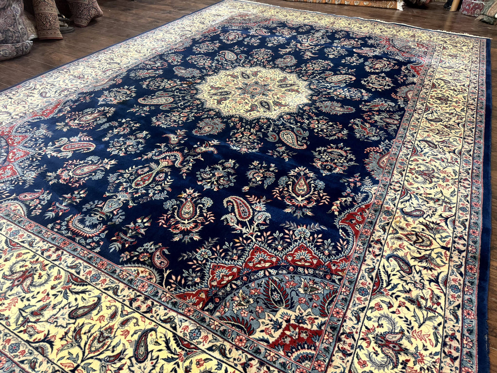 Sino Persian Kerman Rug 10x14, Blue and Beige, Floral Medallion, Fine 240 KPSI