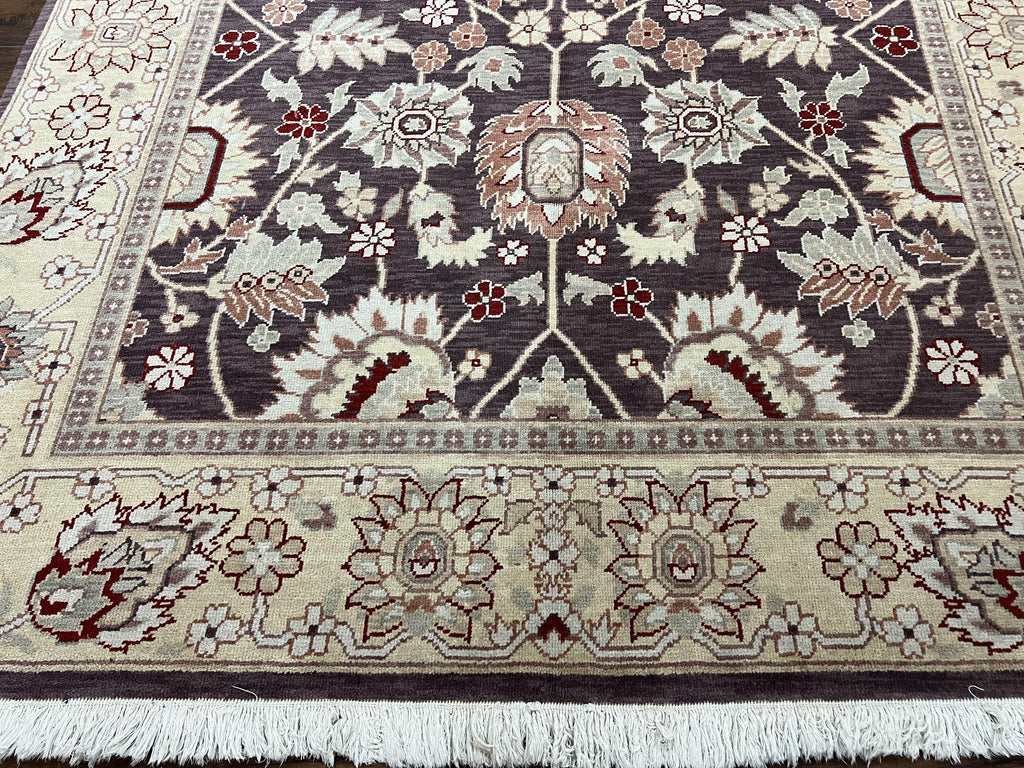 Vintage Indo Mahal Area Rug 6x9, Indian Persian Oriental Carpet 6 x 9, Puce Eggplant Tan Beige Rug, Hand-Knotted, Large Floral Design Wool