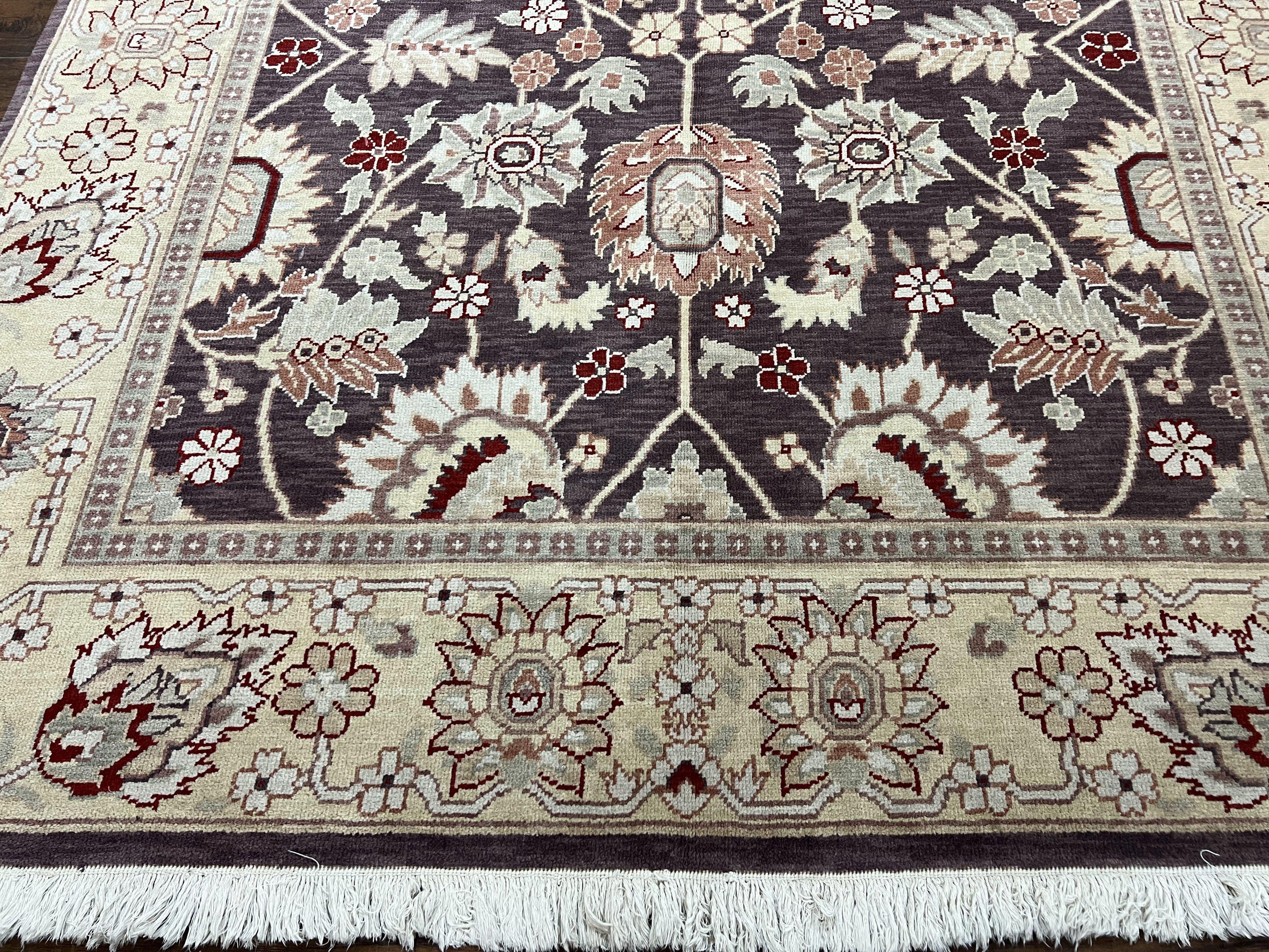 Vintage Indo Mahal Area Rug 6x9, Indian Persian Oriental Carpet 6 x 9, Puce Eggplant Tan Beige Rug, Hand-Knotted, Large Floral Design Wool