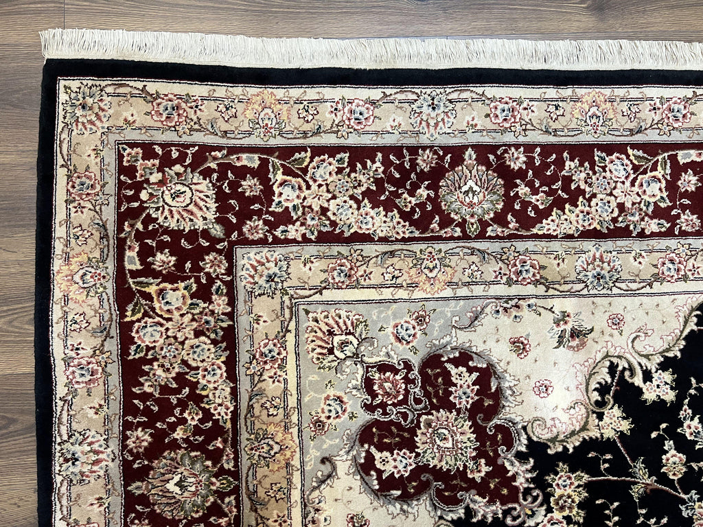 Pak Persian Rug 8.8 x 10.6, Floral Medallion, Wool and Silk Hand Knotted Fine Oriental Carpet, Elegant Rug, Black Gray Burgundy, Room Sized