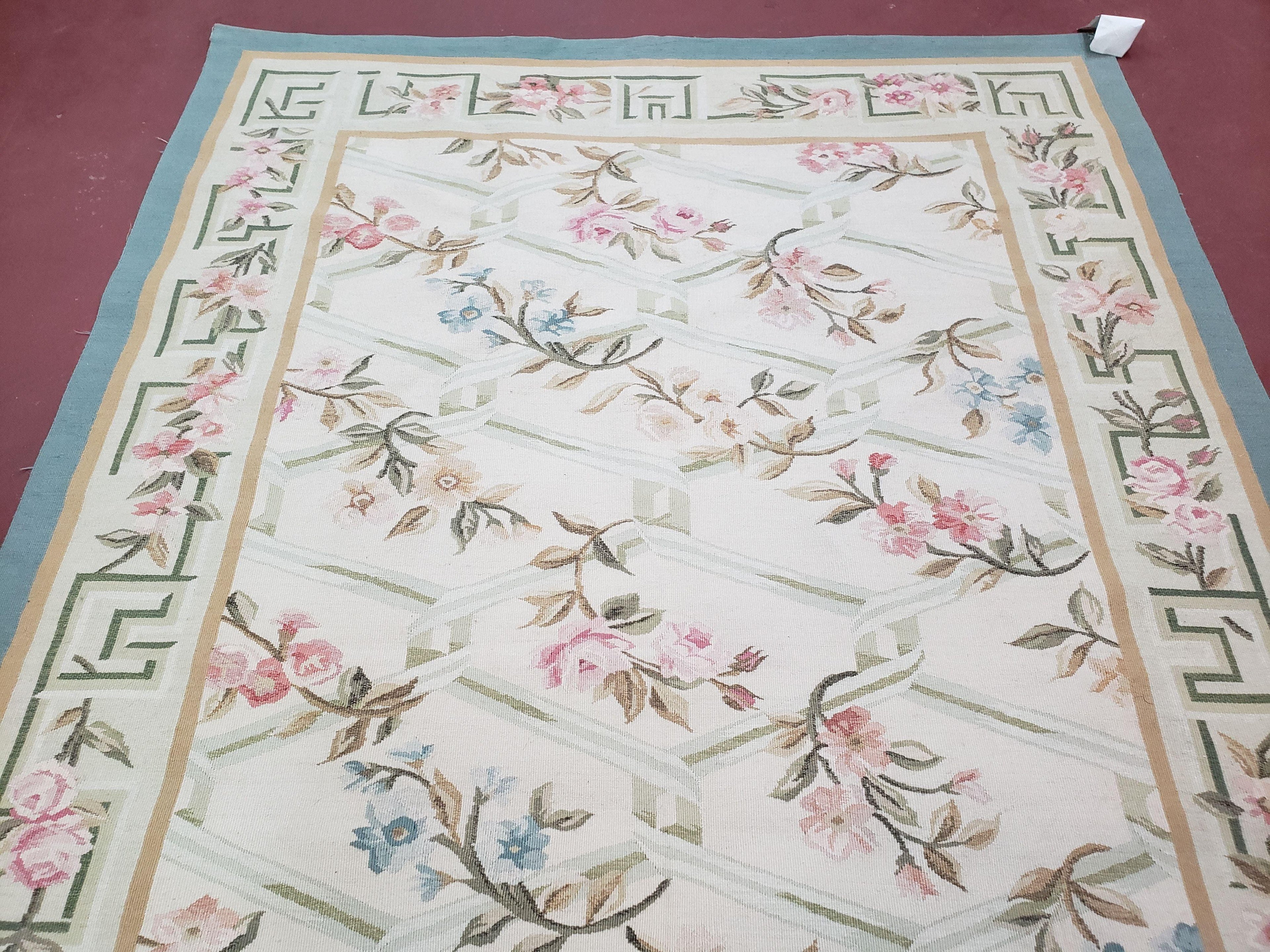 Vintage Aubusson Area Rug, Aubusson Flat weave Carpet, Floral Geometric Pattern, Beige Teal Green, 4x6 Rug, European Design
