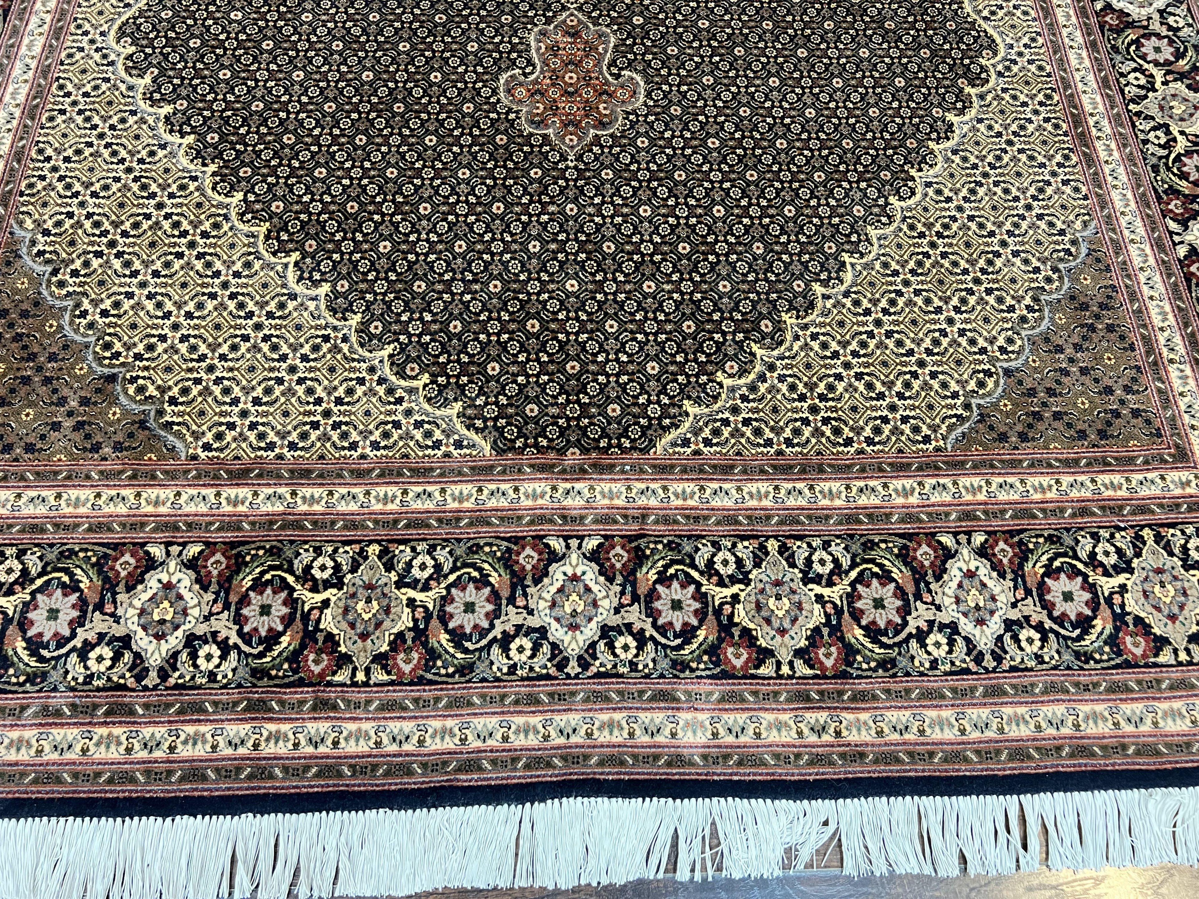 Persian Tabriz Rug 7x10, Very Fine 330 KPSI 50 Raj, Black and Beige, Handmade Wool Vintage Persian Carpet