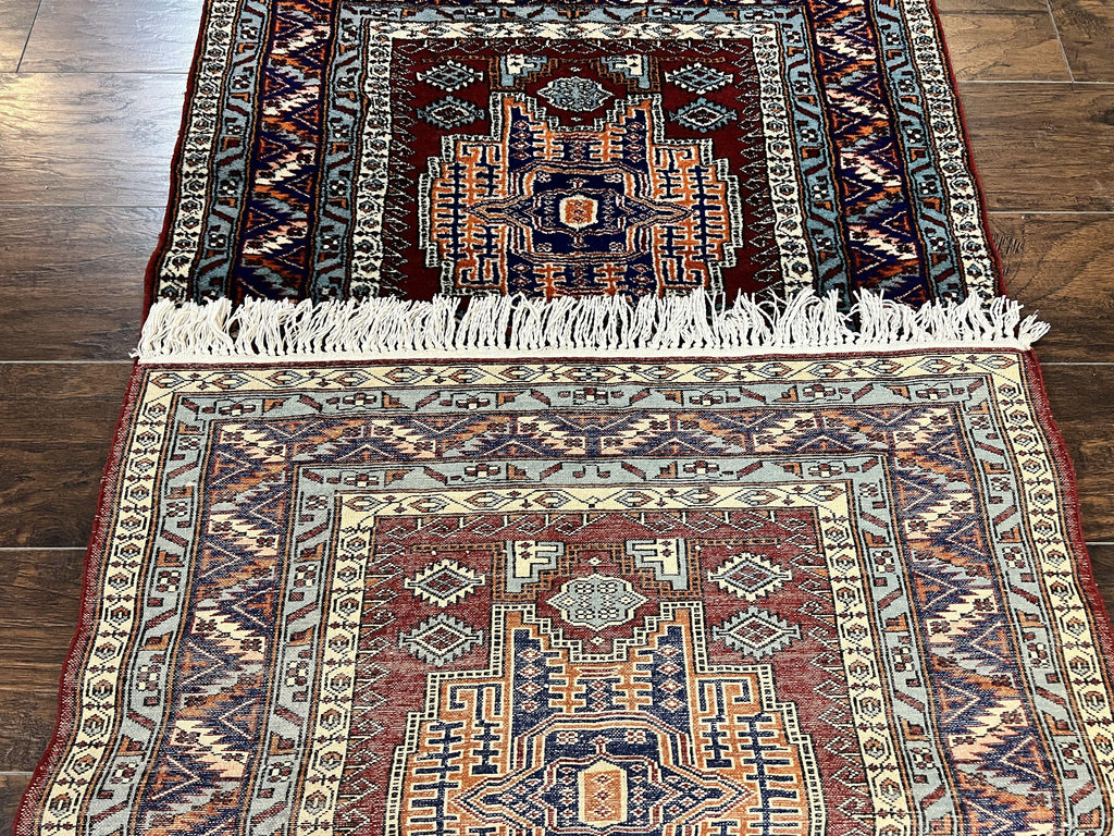 Pakistani Rug 3x5 ft, Caucasian Kazak Design, Geometric Rug, Small Vintage Oriental Carpet, Dark Red Vintage Handmade Wool Rug 3 x 5