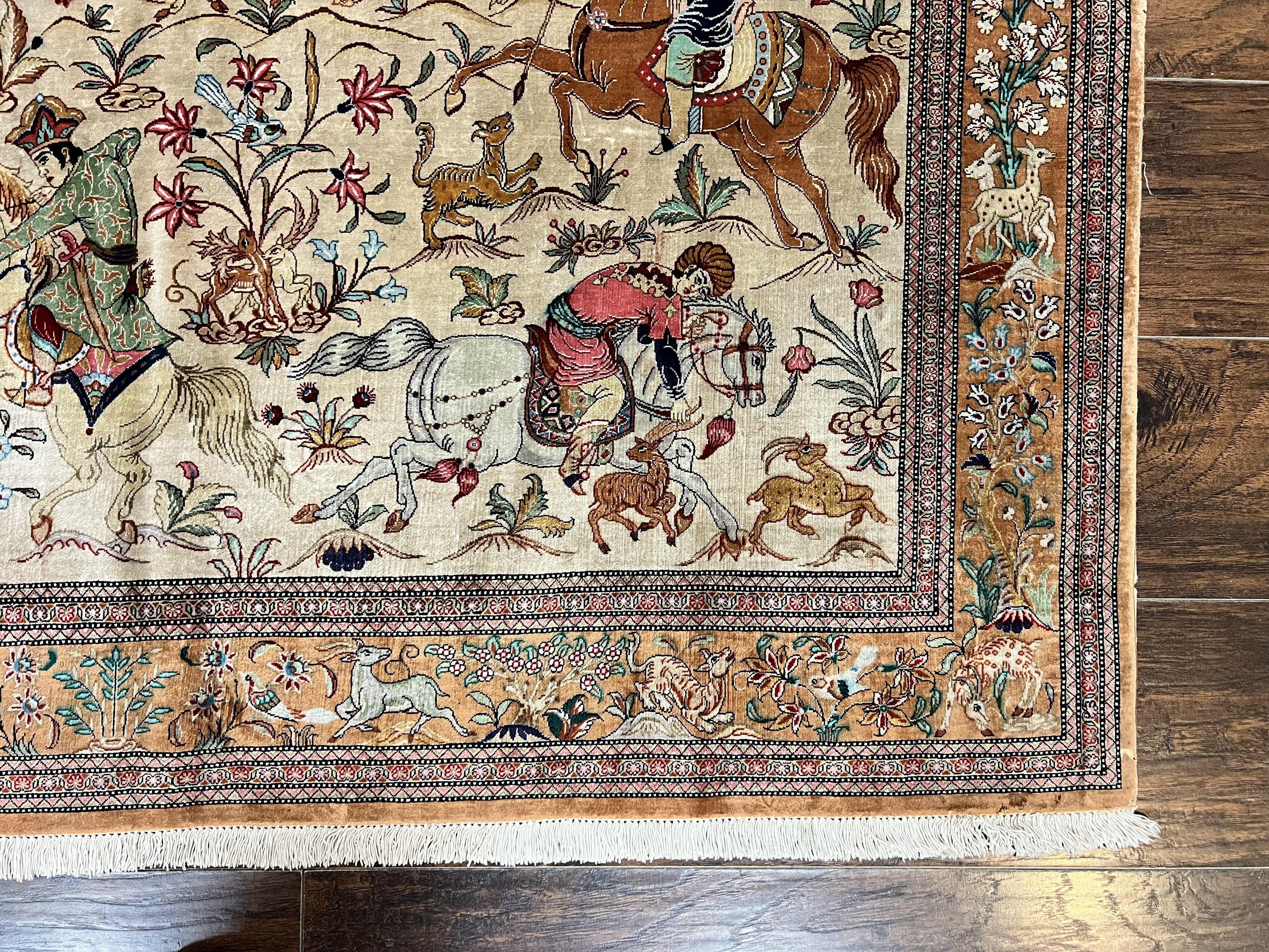 Silk Persian Qum Rug 3x5, Hunting Pattern, Handmade Vintage Carpet, Signed by Master Weaver, Horsemen Pictorials, Super Fine 650 KPSI