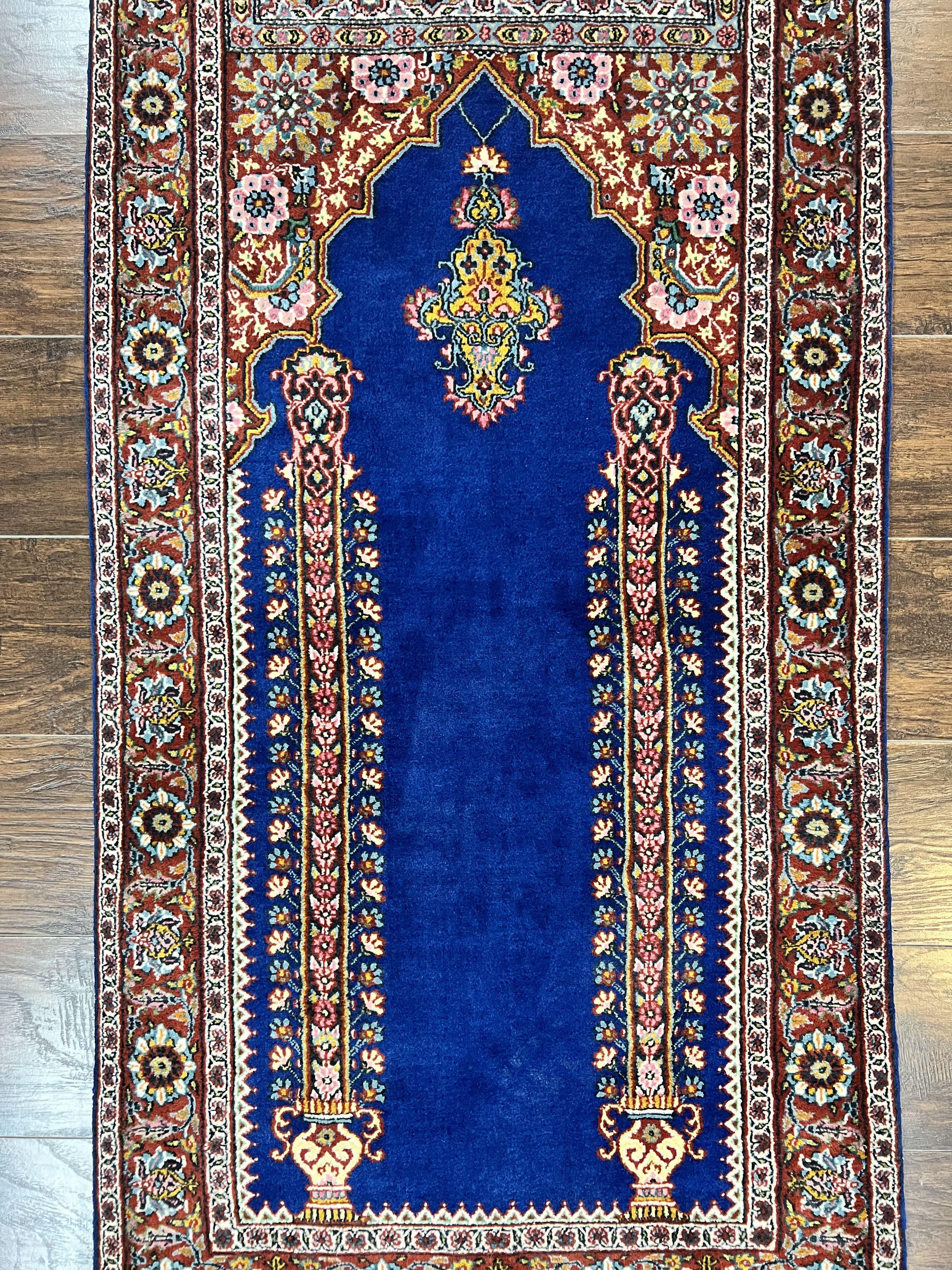 Indo Persian Prayer Rug 3x5, Fine Oriental Carpet, Dark Blue and Red, Vintage Hand Knotted Handmade Prayer Rug