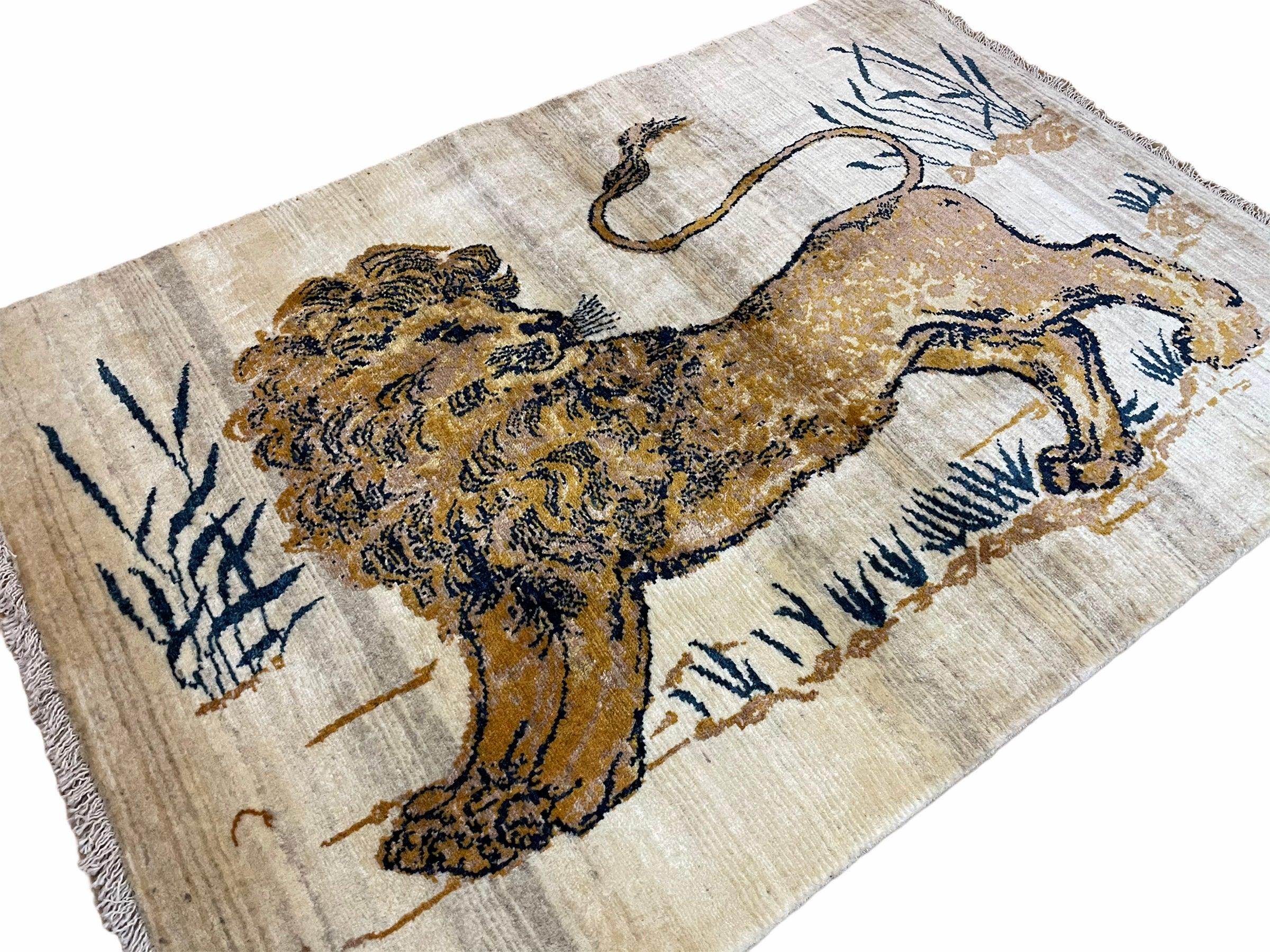 3.5 X 4 Handmade Hand-Knotted New Vintage Rug Quality Wool Lion Organic Dyes