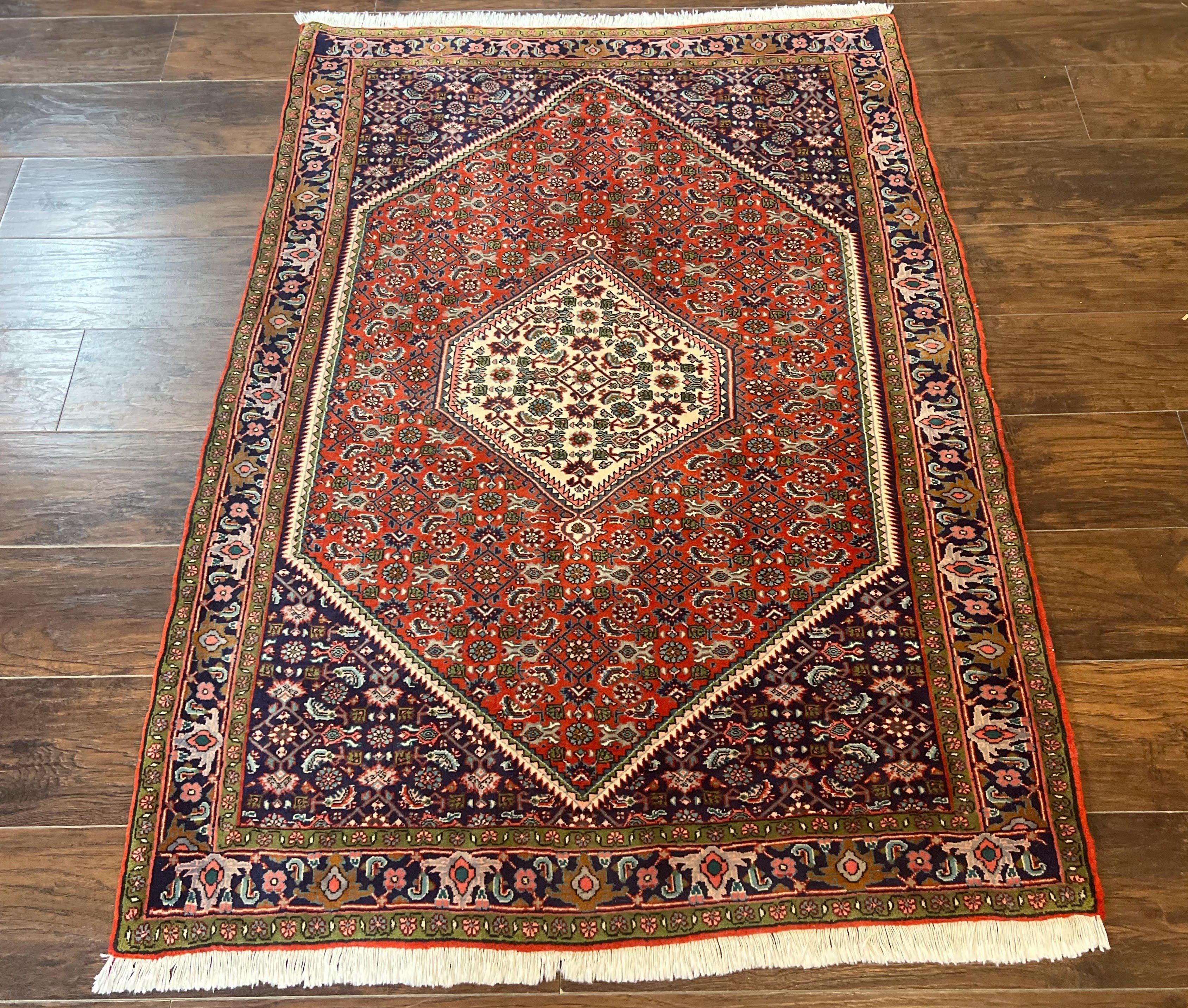 Persian Bidjar Rug 4x5, Finely Hand Knotted Vintage Carpet, Red and Navy Blue, Handmade Wool Rug, 180 KPSI