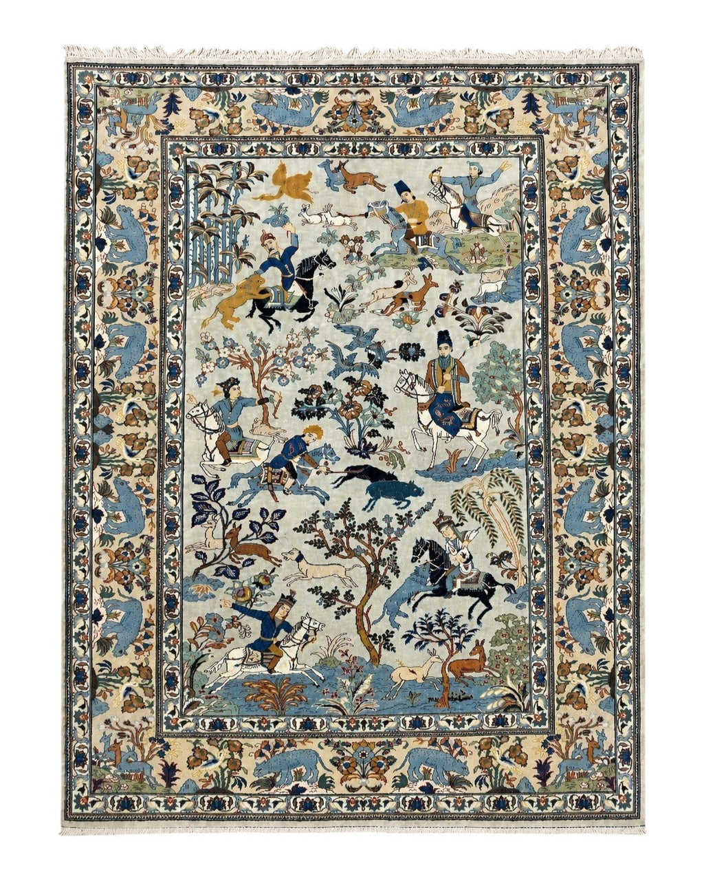 Persian Kashan Pictorial Rug 4.6 x 7, Hunting Scene, Signed by Masterweaver, Animal Pictorials, Rare, Handmade, Wool, Vintage, Very Fine