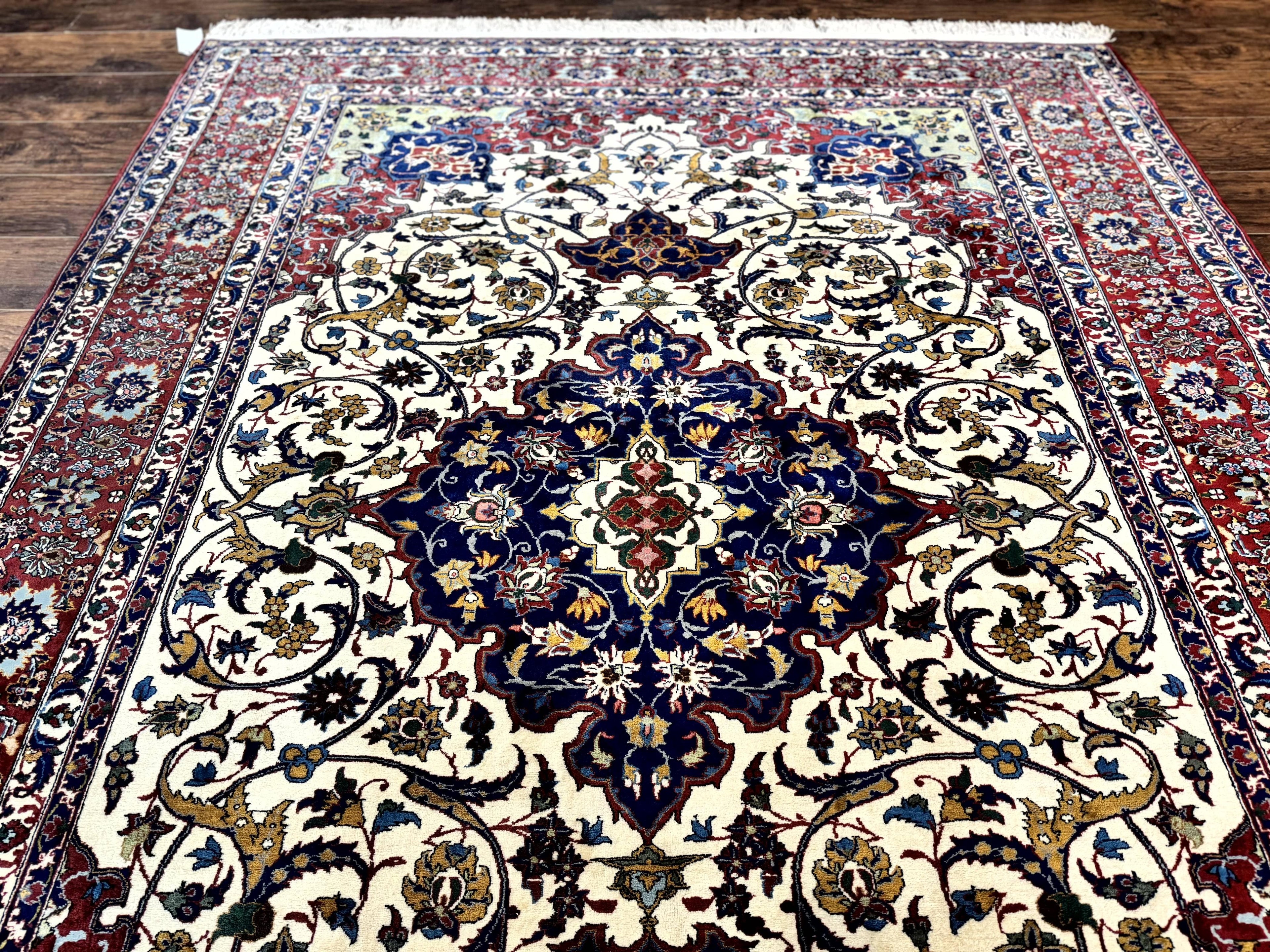 Wonderful Persian Isfahan Rug 7x9, Ivory Navy Blue Red, Floral Medallion, Very Finely Hand Knotted 260 KPSI, Handmade Wool Vintage Rug
