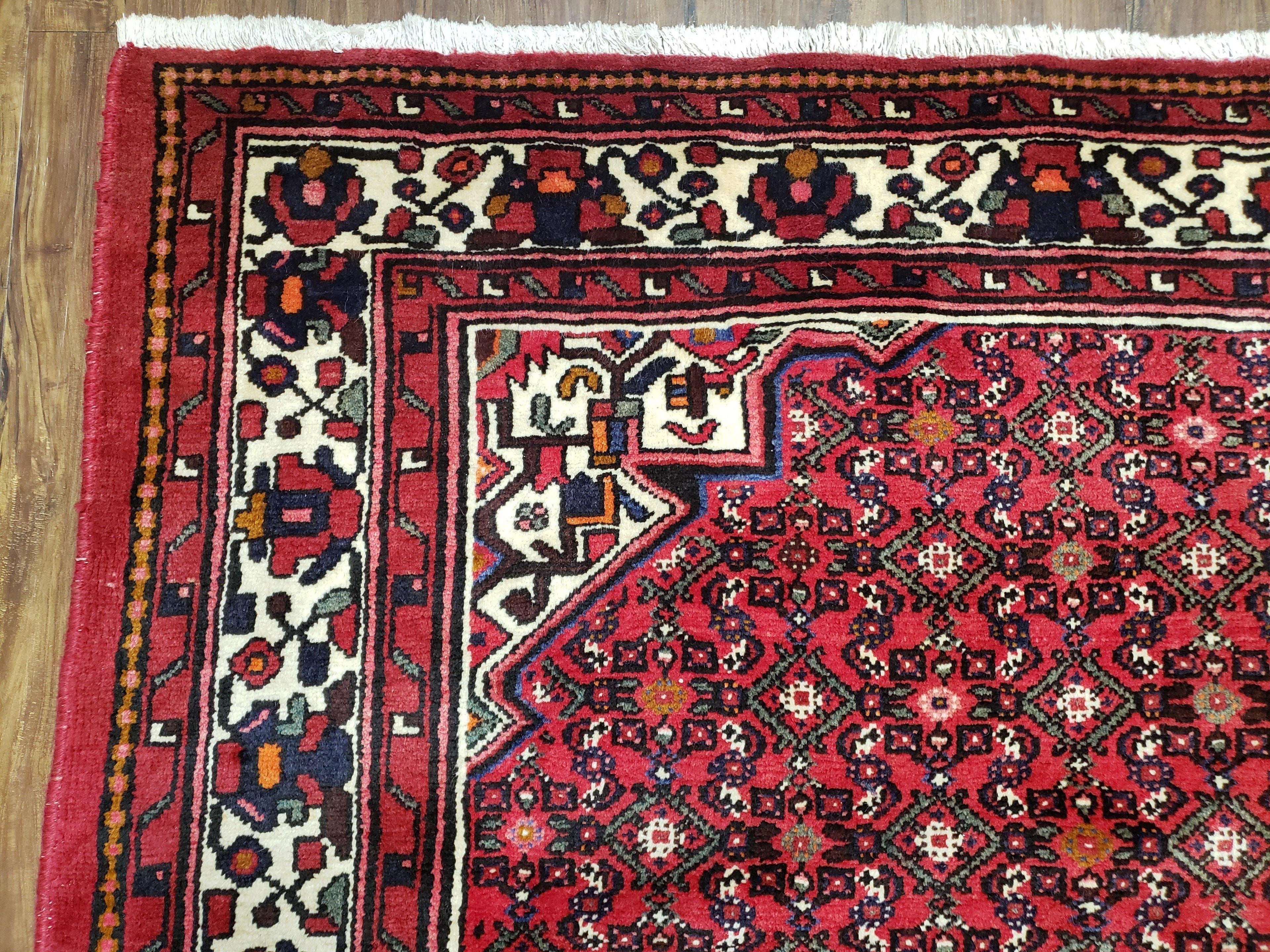 Vintage Persian Hamedan Rug 7x10, Angelas Mahi Pattern, Red, Wool, Hand-Knotted