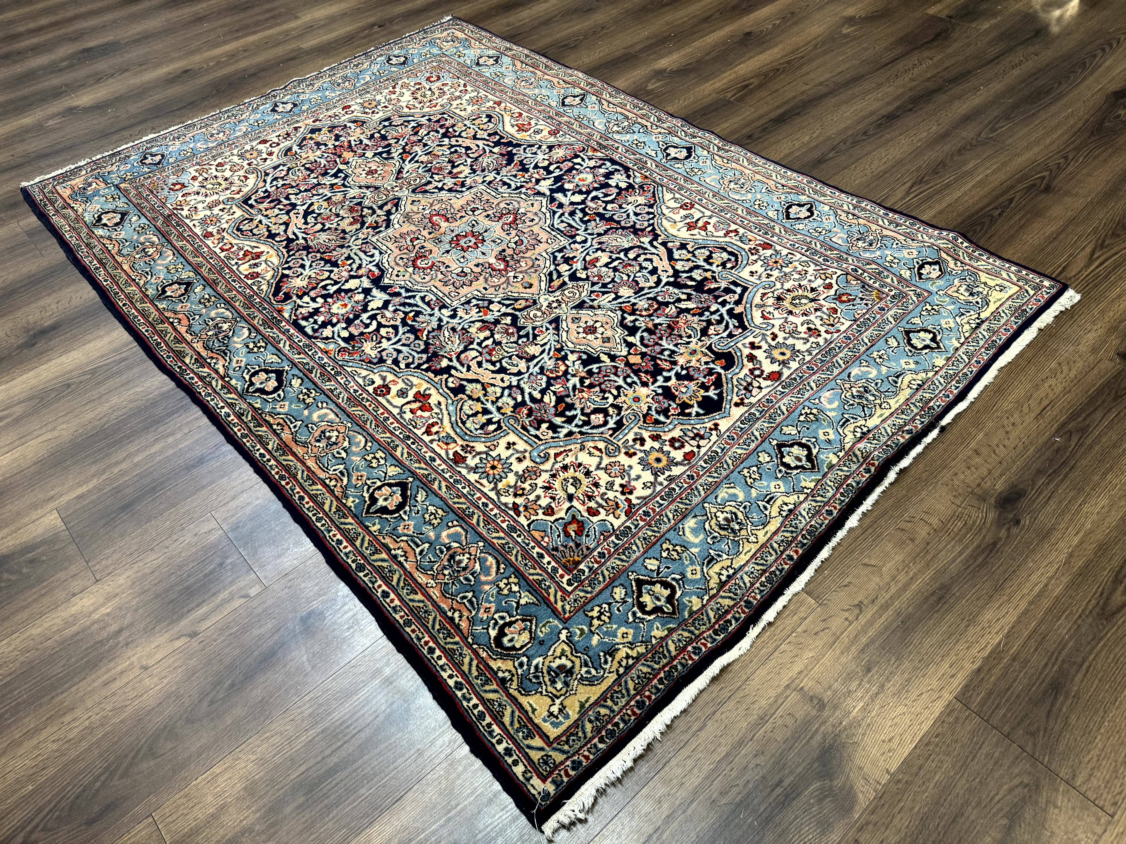 Persian Qum Rug 5x7 in Navy Light Blue and Ivory, Wool wilh Silk Highlights, 225 KPSI