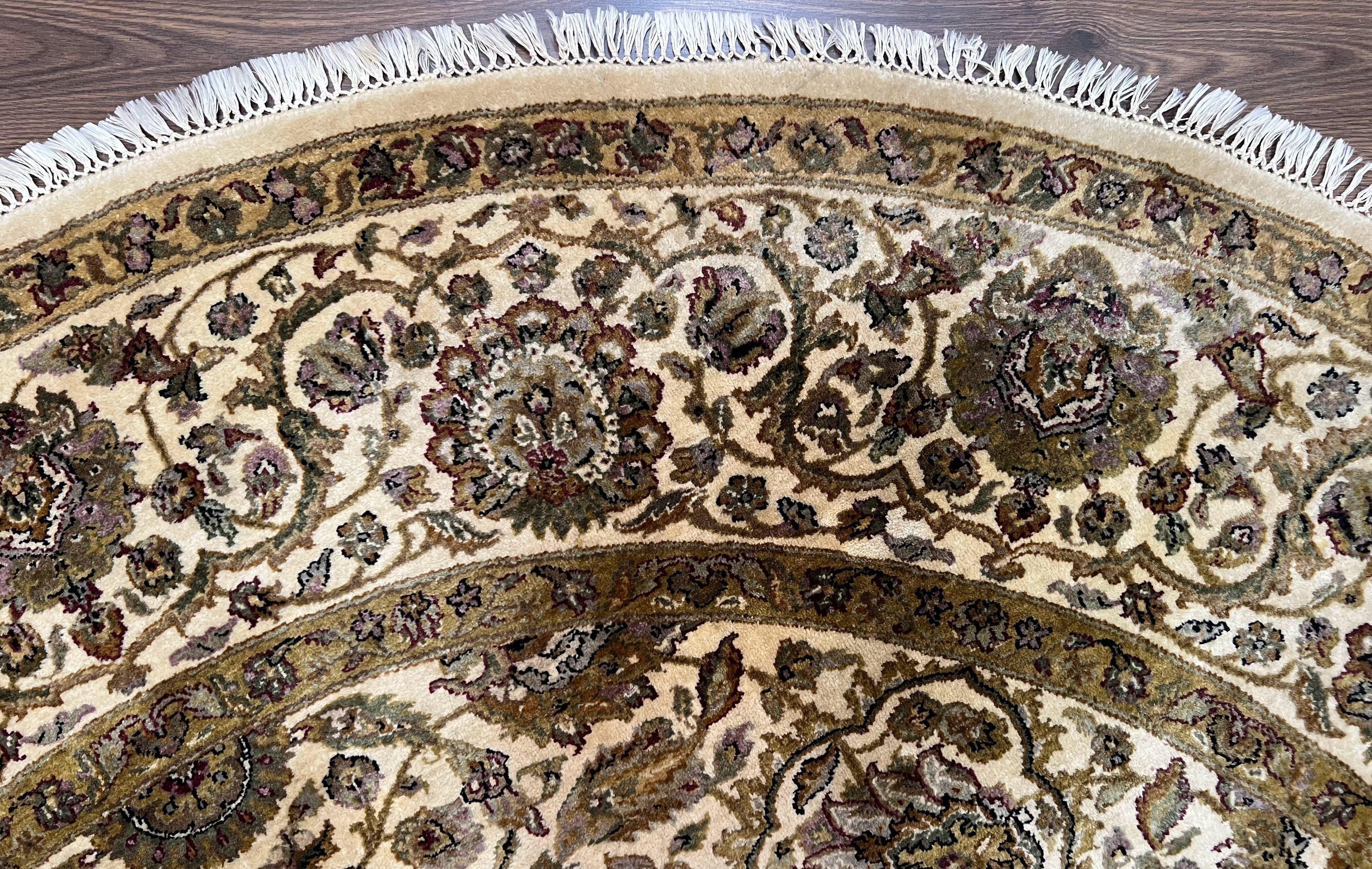 Round Indo Persian Rug 8x8 ft, Large Hand Knotted Vintage Wool Circular Carpet, 8ft Round Oriental Rug, Floral Medallion, Cream and Green