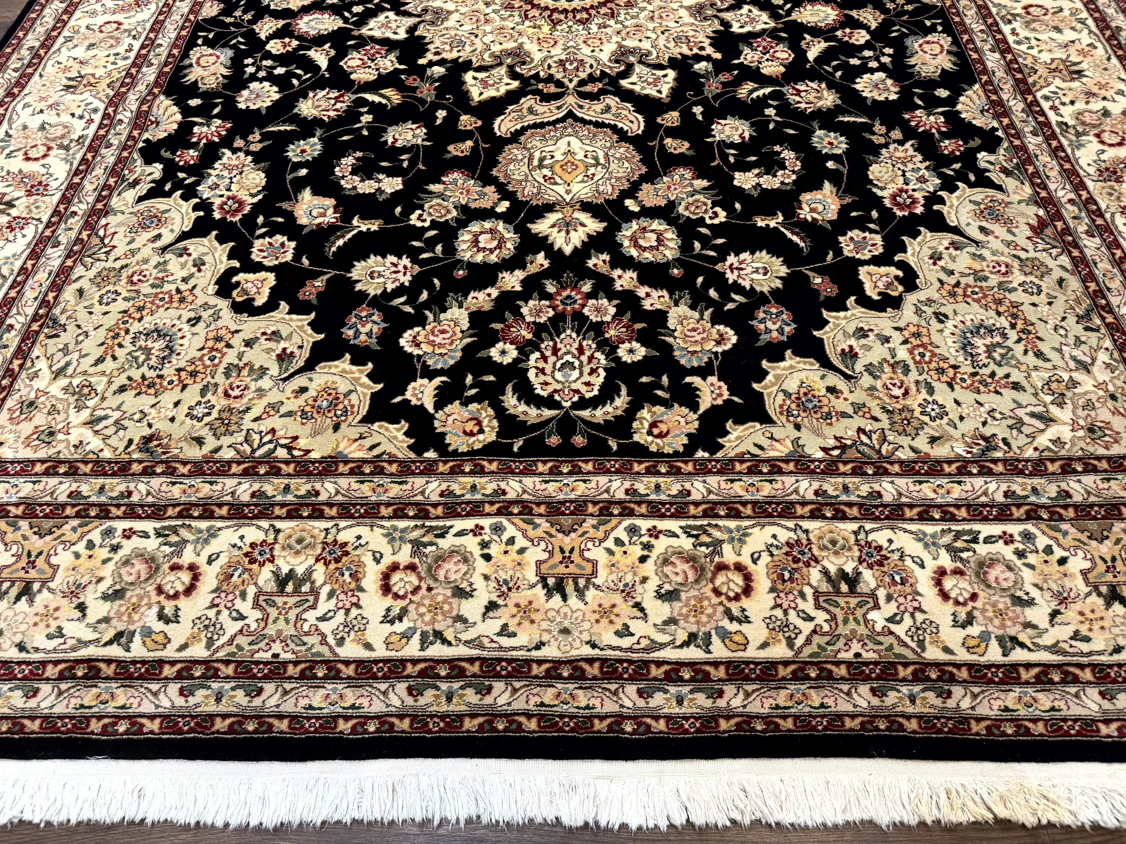 Sino Persian Rug 9x12, Black and Beige, Floral Medallion, Wool & Silk, Handmade
