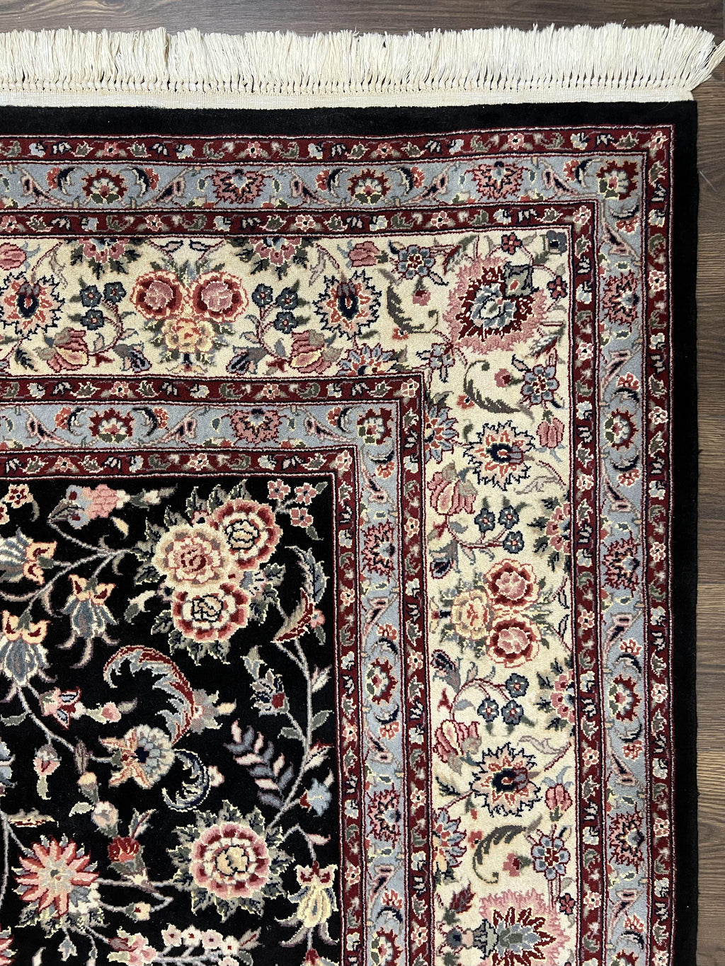 Pak Persian Rug 9x12, Floral Allover, Hand Knotted Oriental Carpet 9 x 12 ft, Black and Cream, Detailed, Wool with Silk Highlights, Vintage