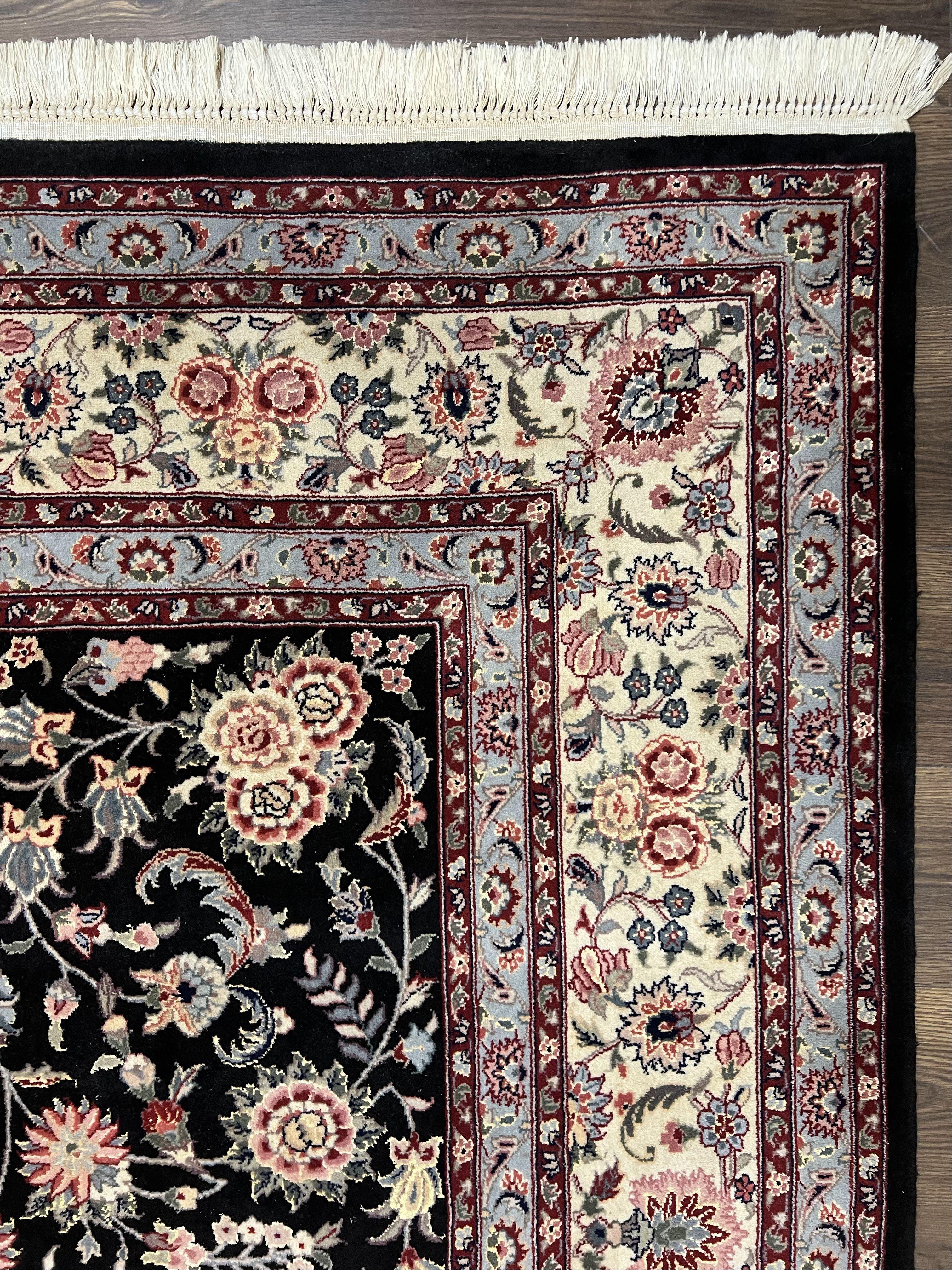 Pak Persian Rug 9x12, Floral Allover, Hand Knotted Oriental Carpet 9 x 12 ft, Black and Cream, Detailed, Wool with Silk Highlights, Vintage