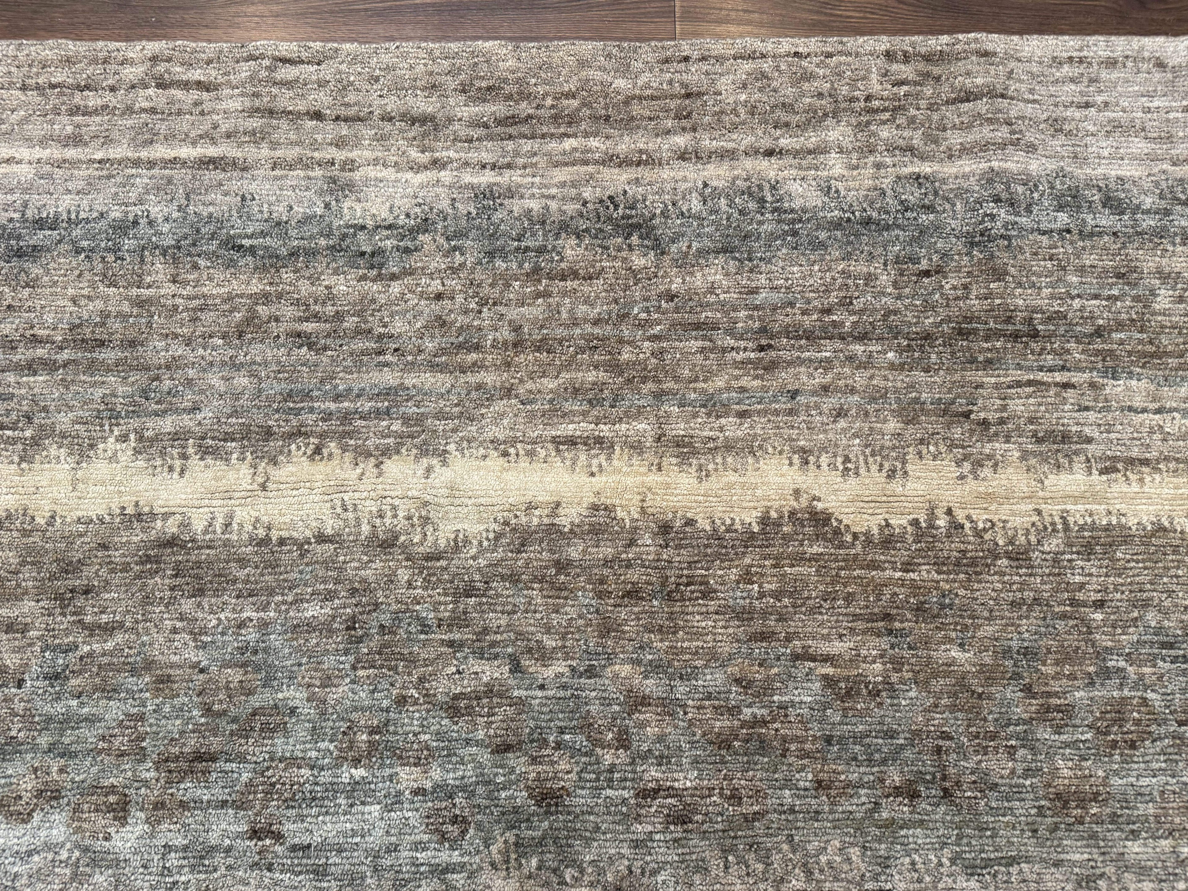 Modern Tibetan Wool Rug 8x10, Abstract, Contemporary, Handmade, Gray, Stripes