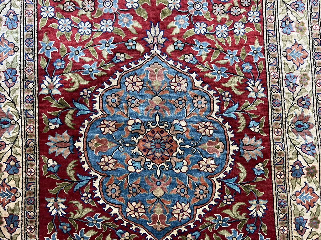 Silk Turkish Kayseri Rug 2x3, Small All Silk Turkish Carpet, Red and Light Blue, Very Fine Hand Knotted Semi Antique Vintage Handmade Rug