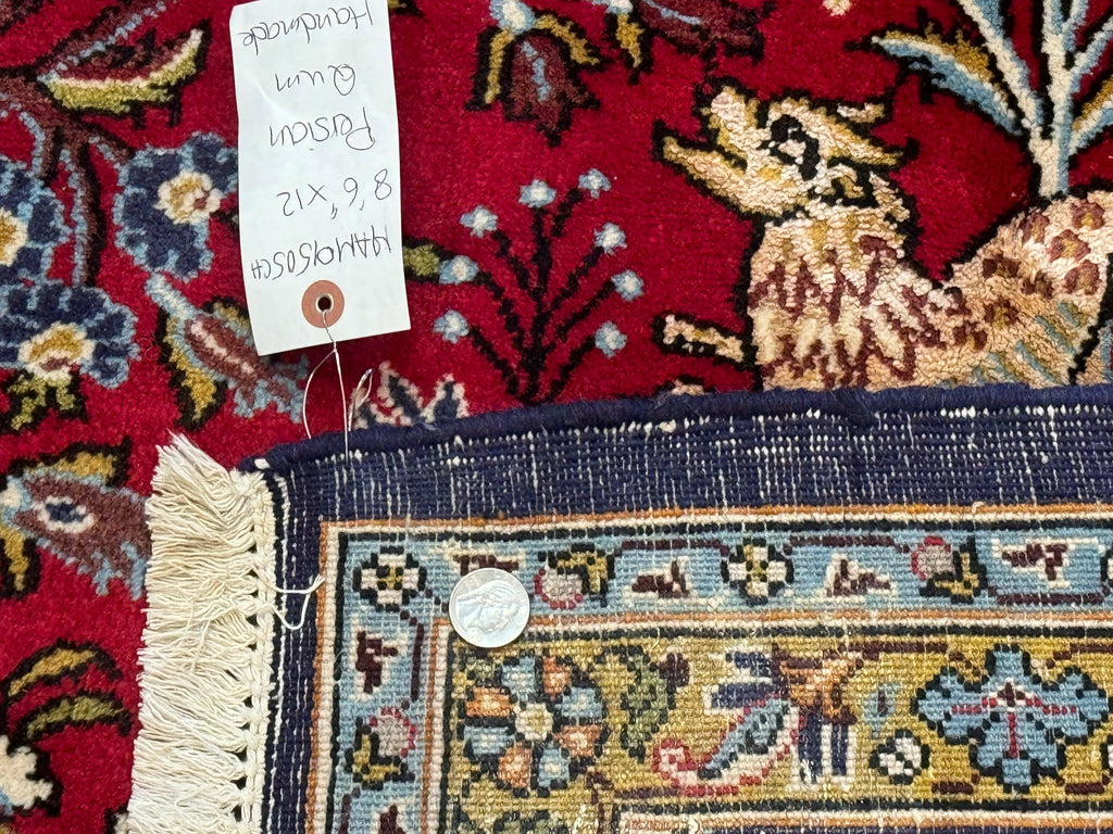 Persian Qum Rug 9x12, Animal Pictorials, Deer Birds, Tree of Life, Red and Navy Blue