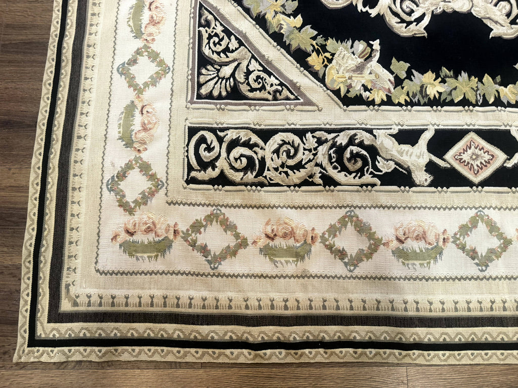 Aubusson Rug 6x8, European Design, Lion Pictorials, Black