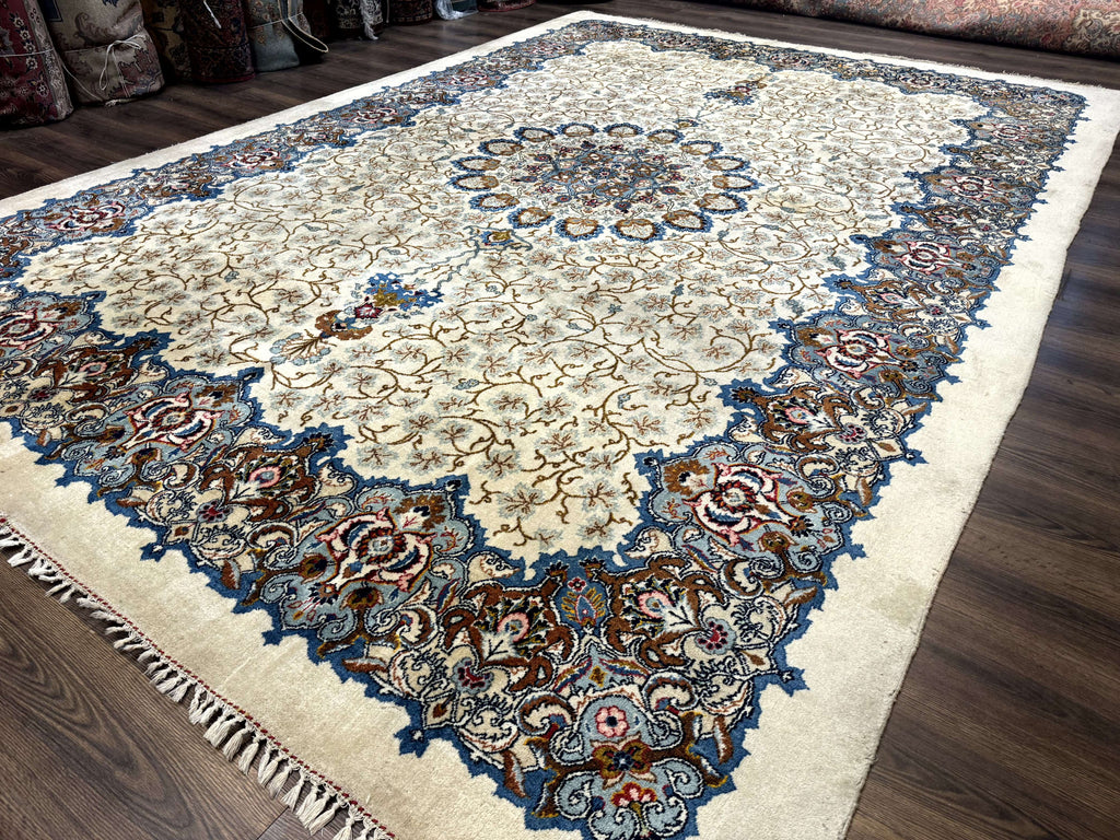 Persian Kashan Rug 9 x 12.6, Ivory and Blue, Floral Medallion, Wool Hand Knotted Semi Antique Carpet