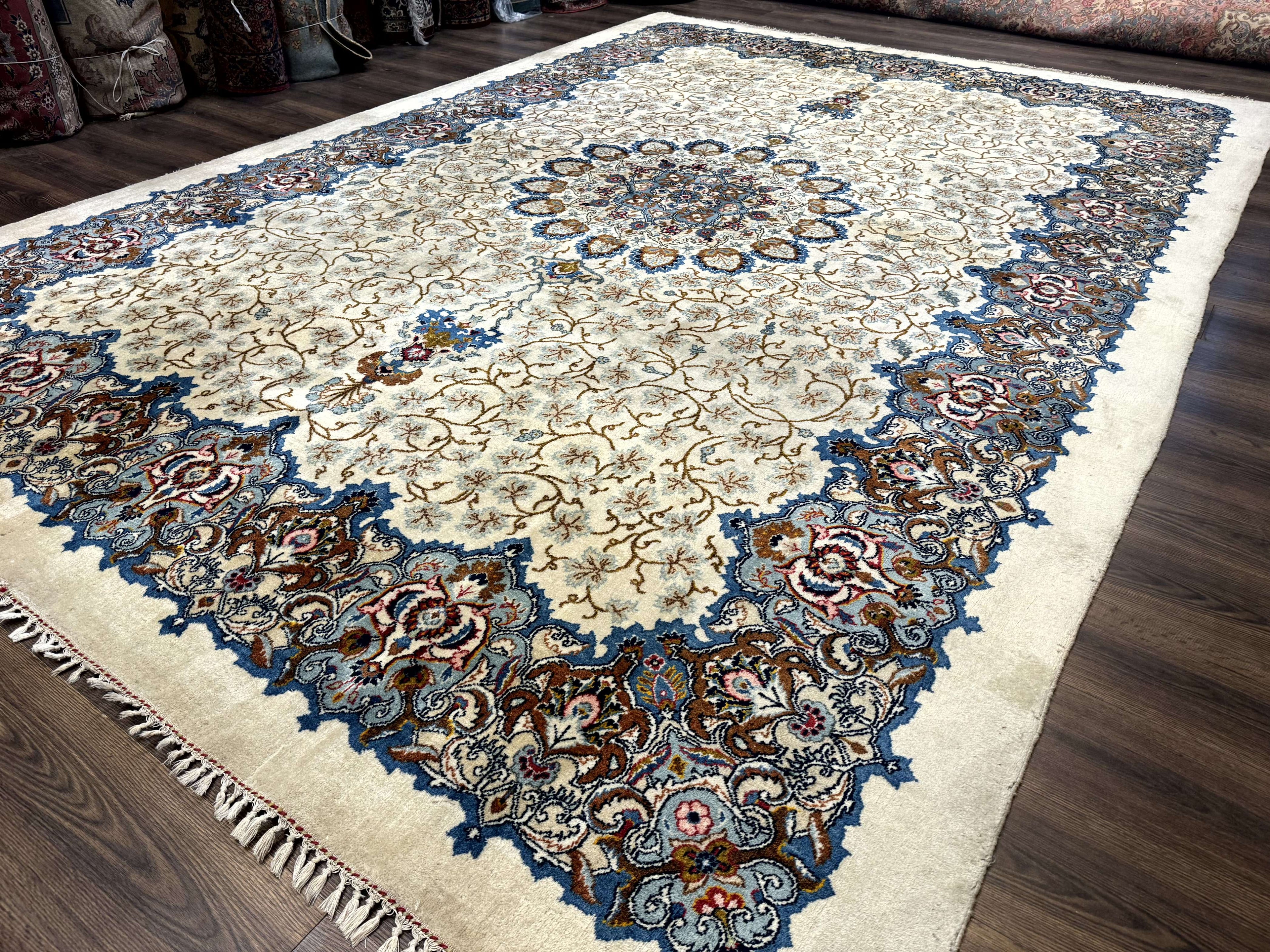 Persian Kashan Rug 9 x 12.6, Ivory and Blue, Floral Medallion, Wool Hand Knotted Semi Antique Carpet