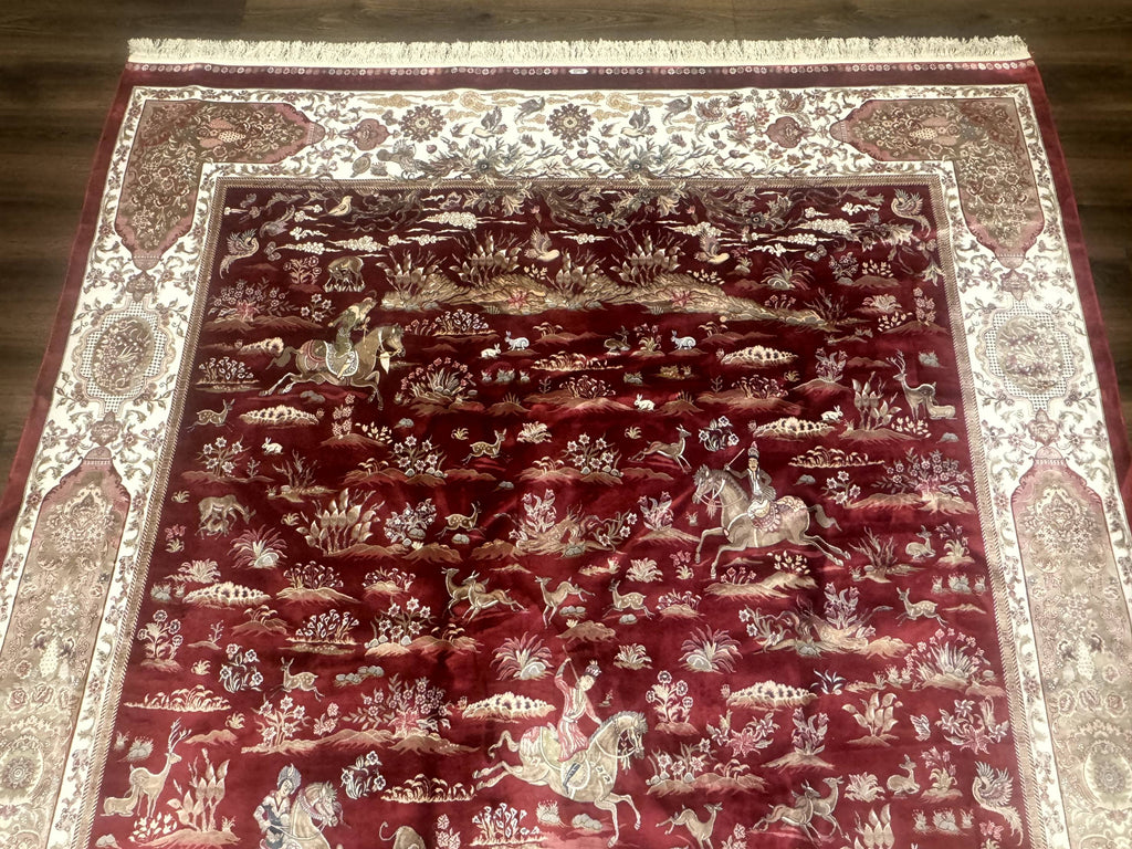 Turkish Silk Rug 8x10, Red & Ivory, Hunting Design, Bamboo Silk, New